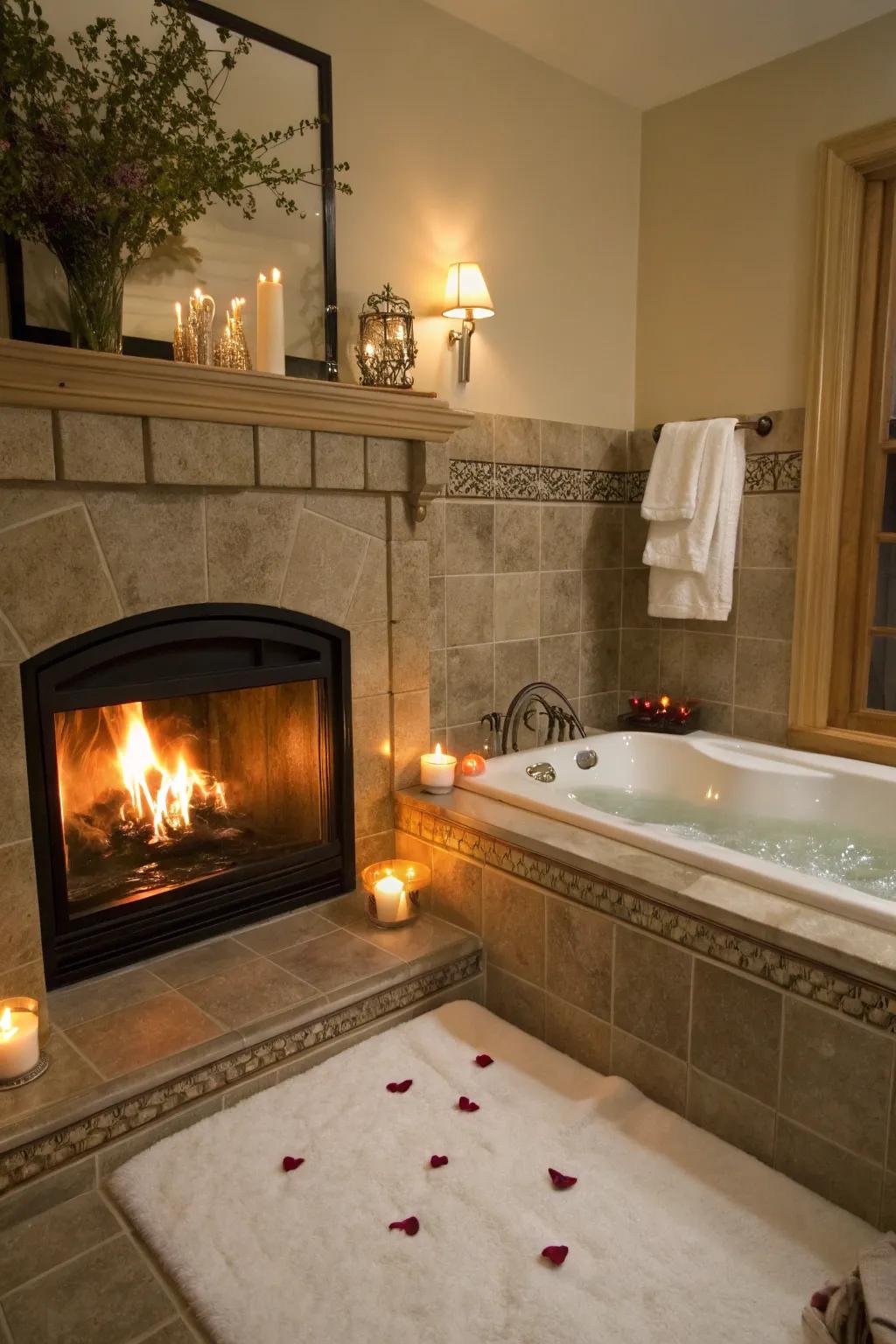 A fireplace by the bathtub introduces warmth and luxury.