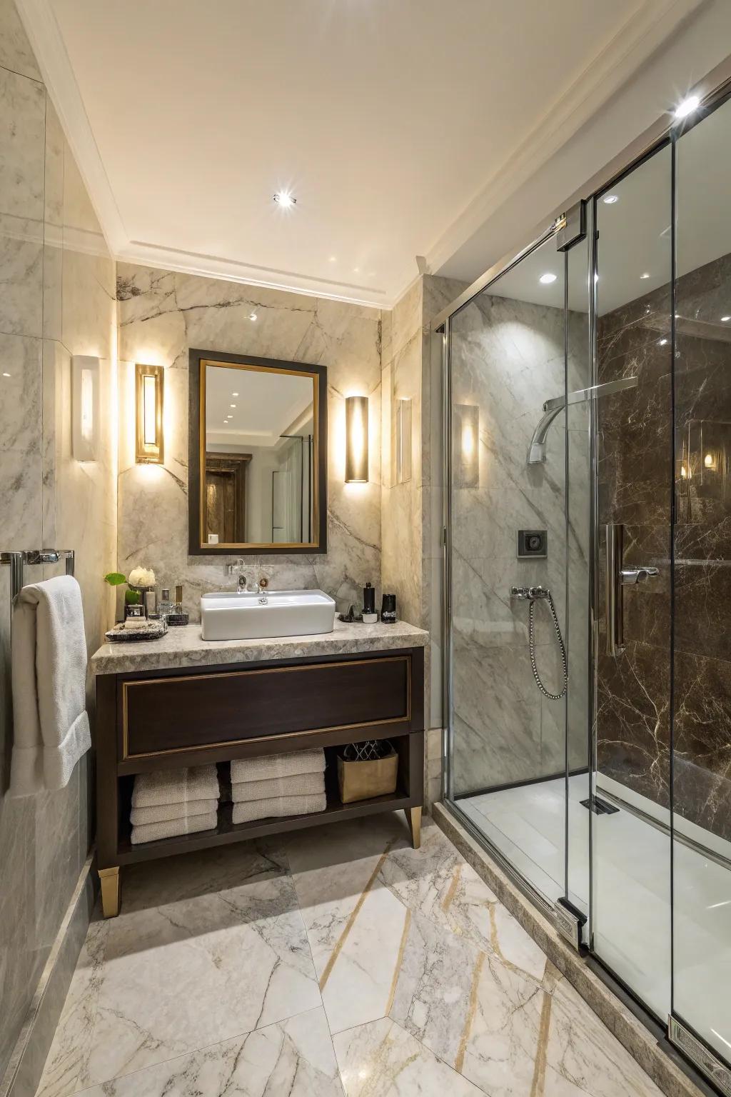 A compact lavatory arrangement that radiates elegance and luxury.