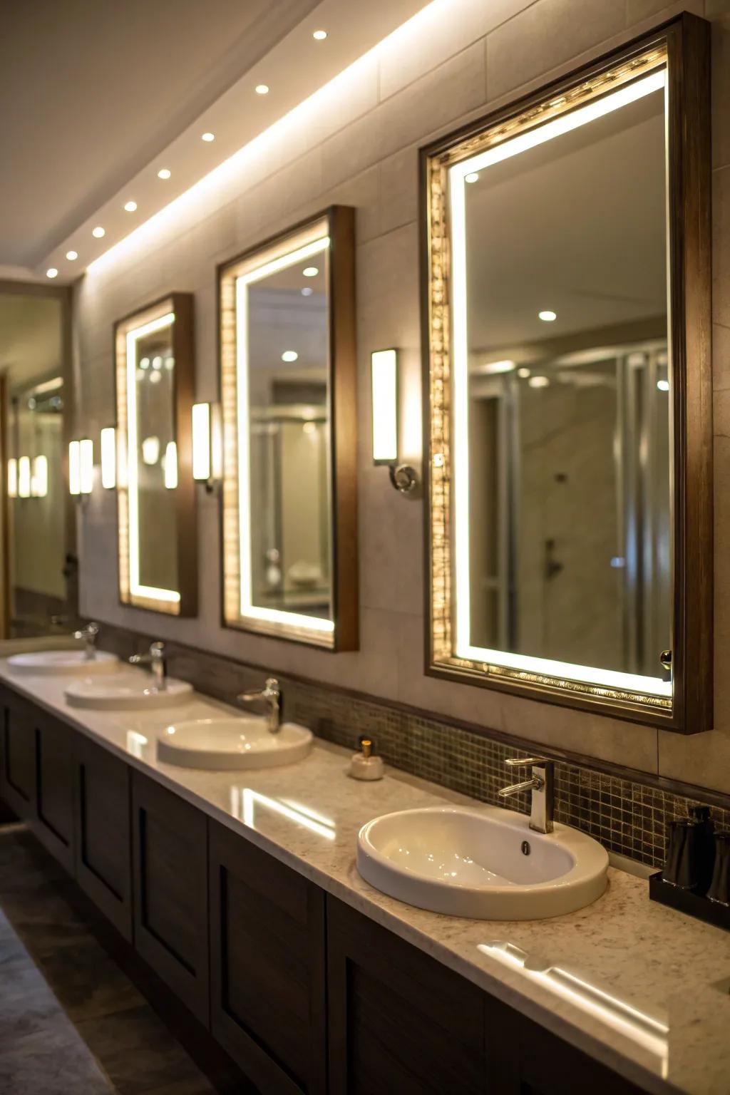 Backlit mirrors add depth and a gentle glow.
