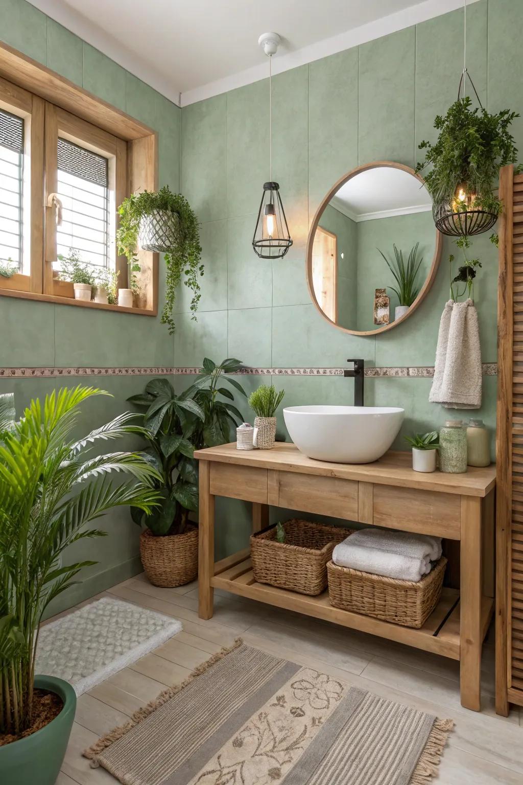 Sage green walls craft a soothing and natural bathroom environment.