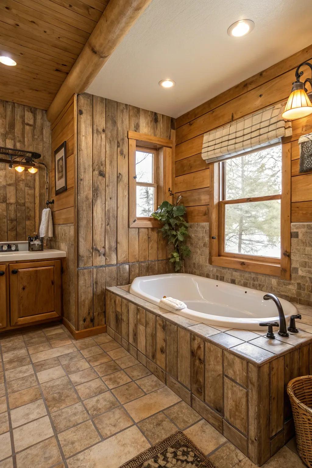 Enjoy rustic charm with wood-look tiles around the tub.