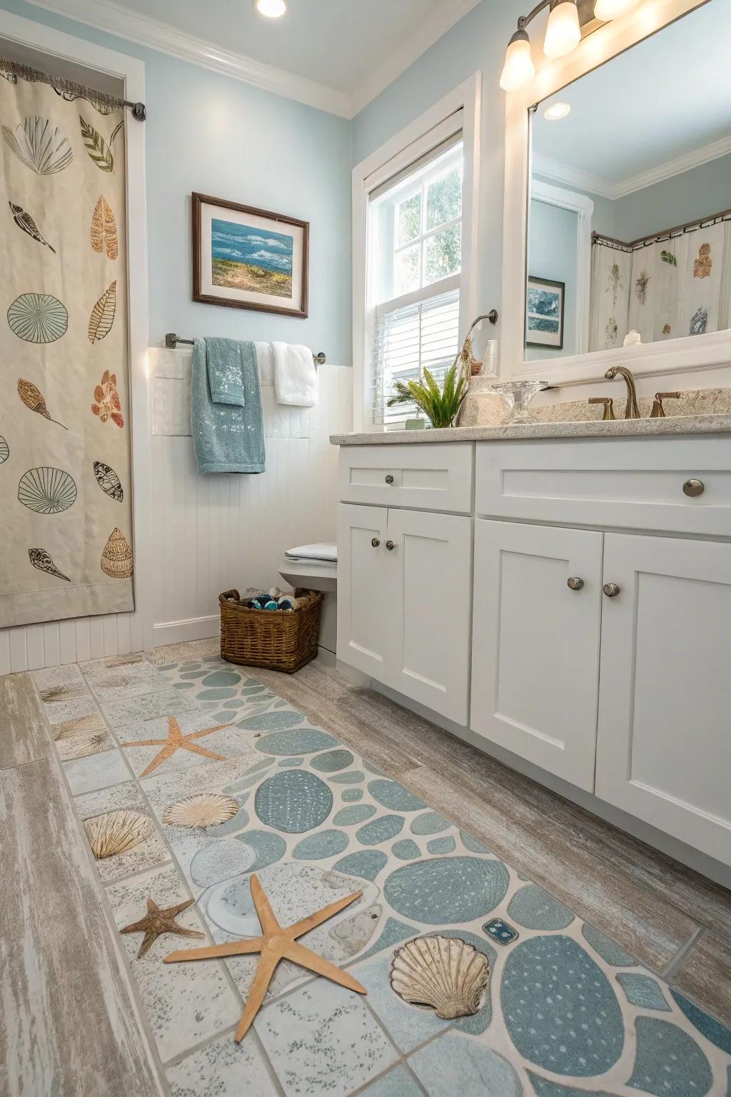 Coastal-inspired plastic flooring creates a breezy, beachy atmosphere in this bathroom.