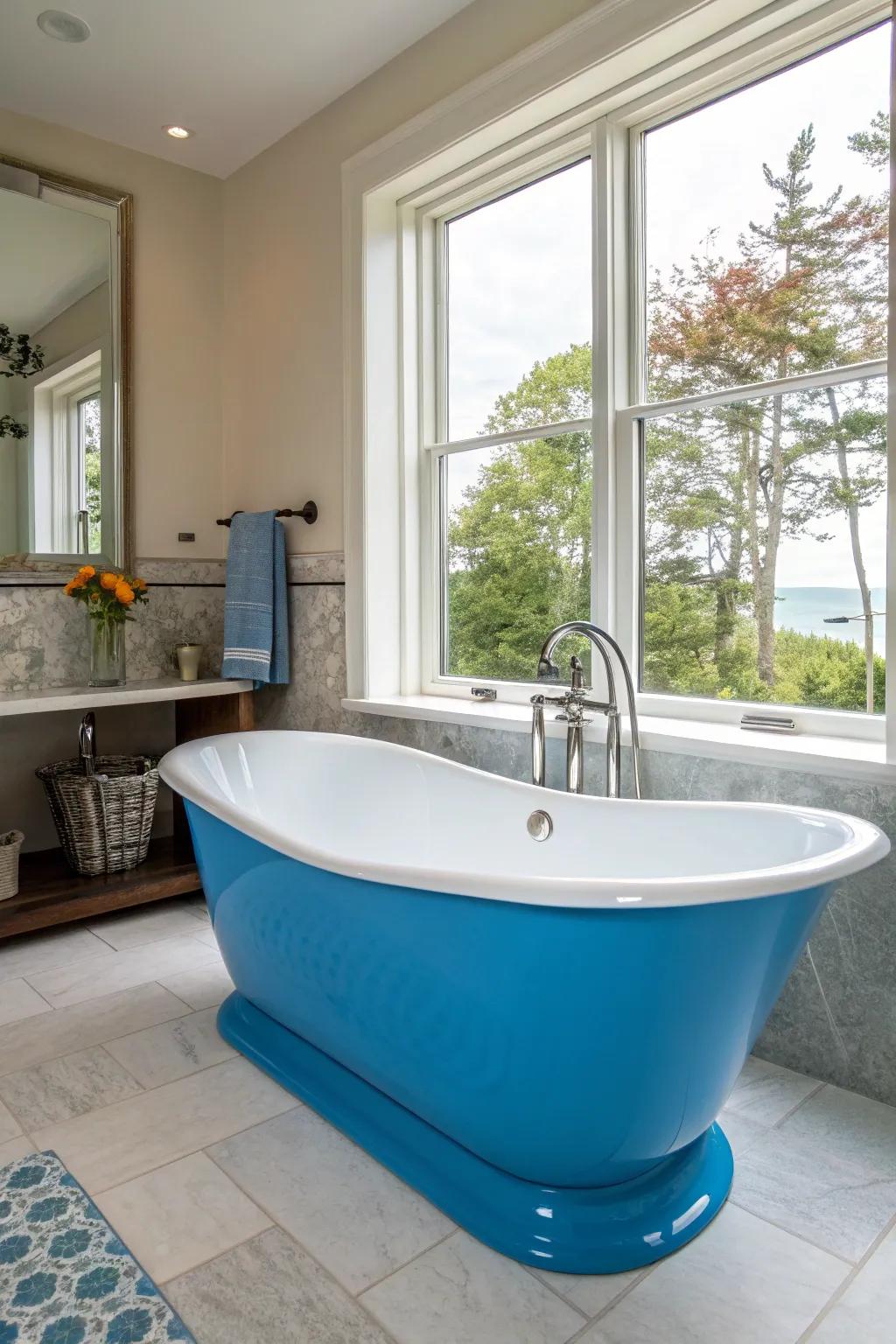 A radiant blue bathtub crafts a striking statement in this washroom.