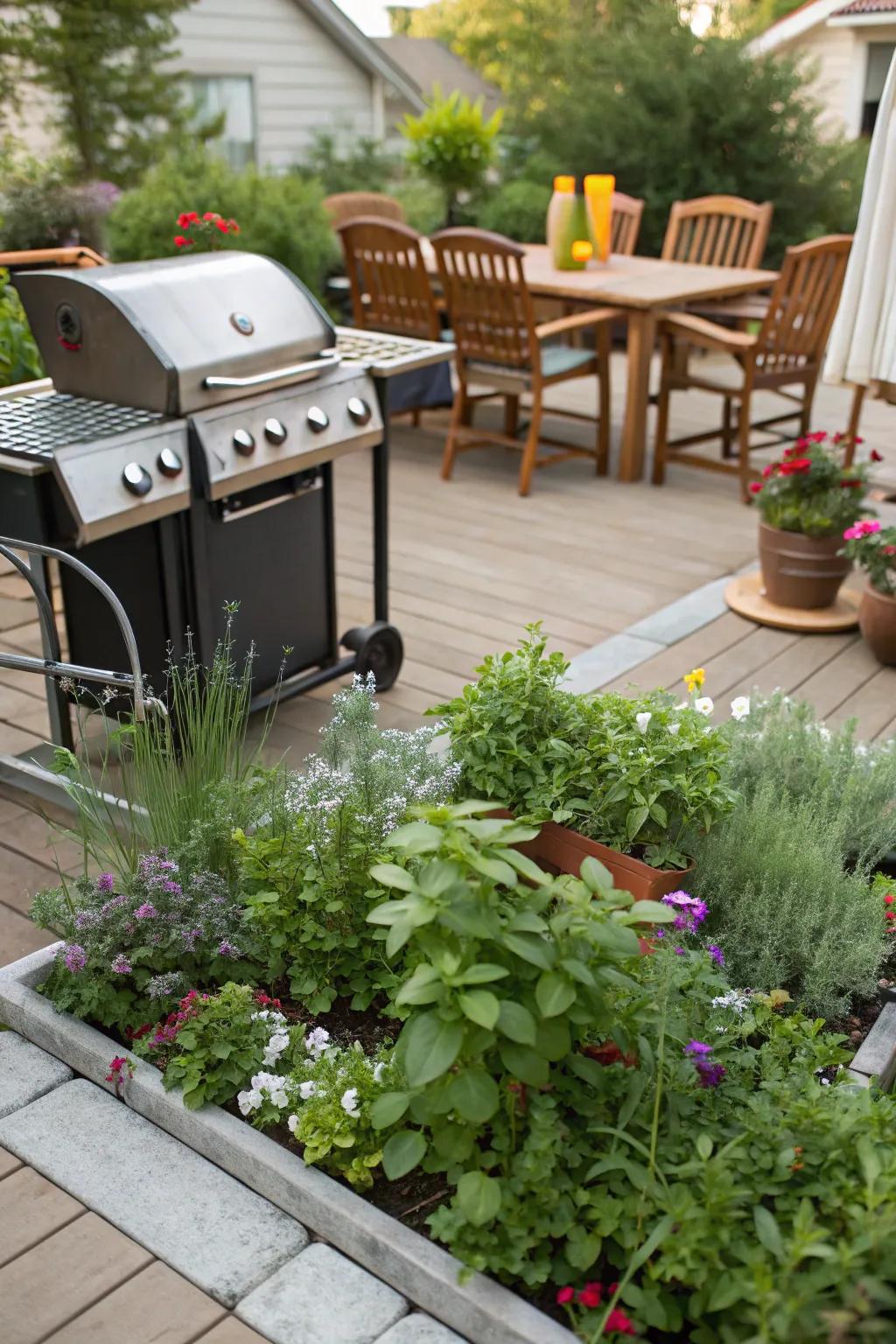A garden grill setup adds plants and freshness to your BBQ patio.