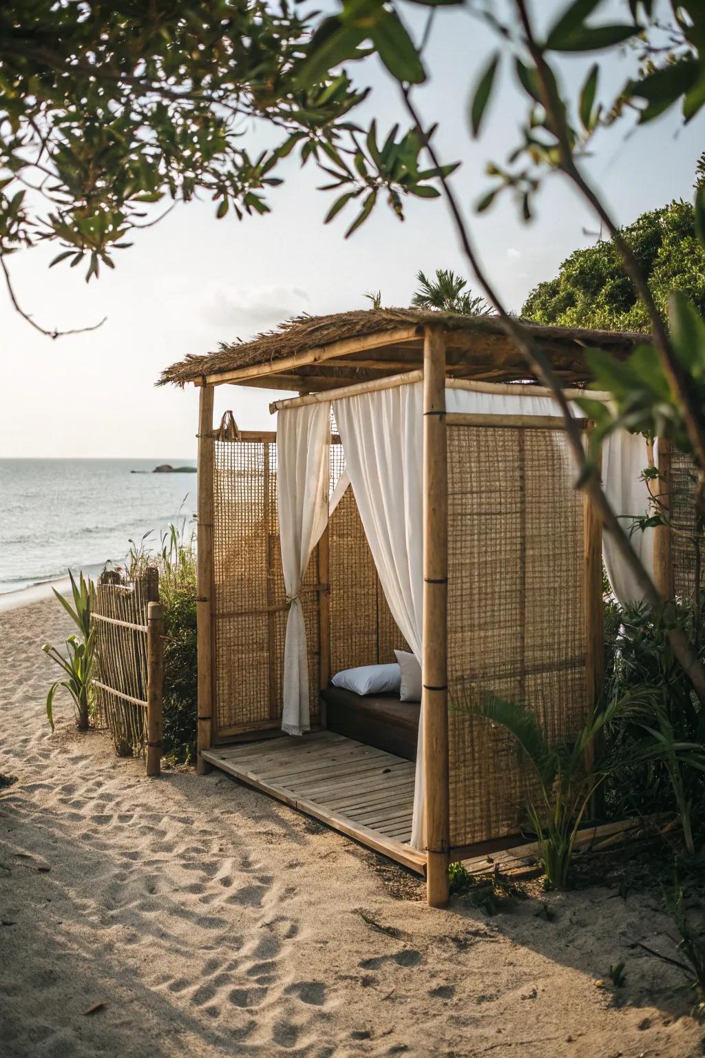 Slat screen dividers provide privacy and a tropical feel to the beach shed area.
