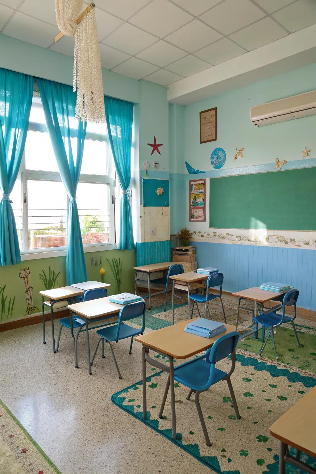 A soothing coastal hue palette transforms the classroom into a serene oasis.