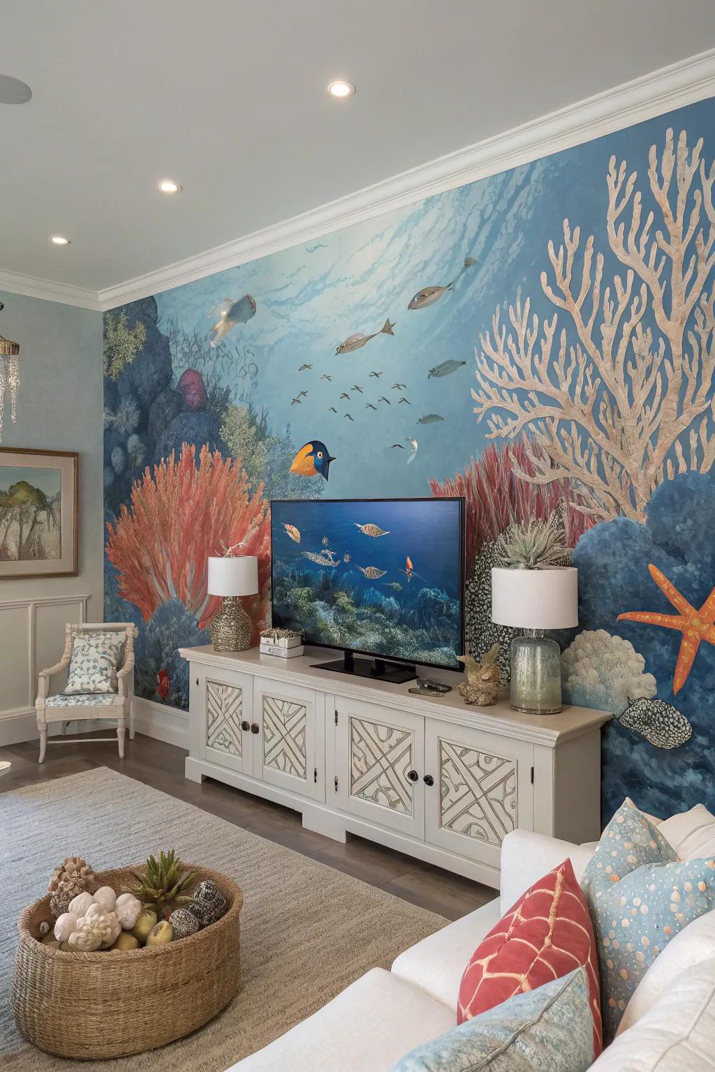 Carry marine life inside using lively coral reef-themed wallpaper.