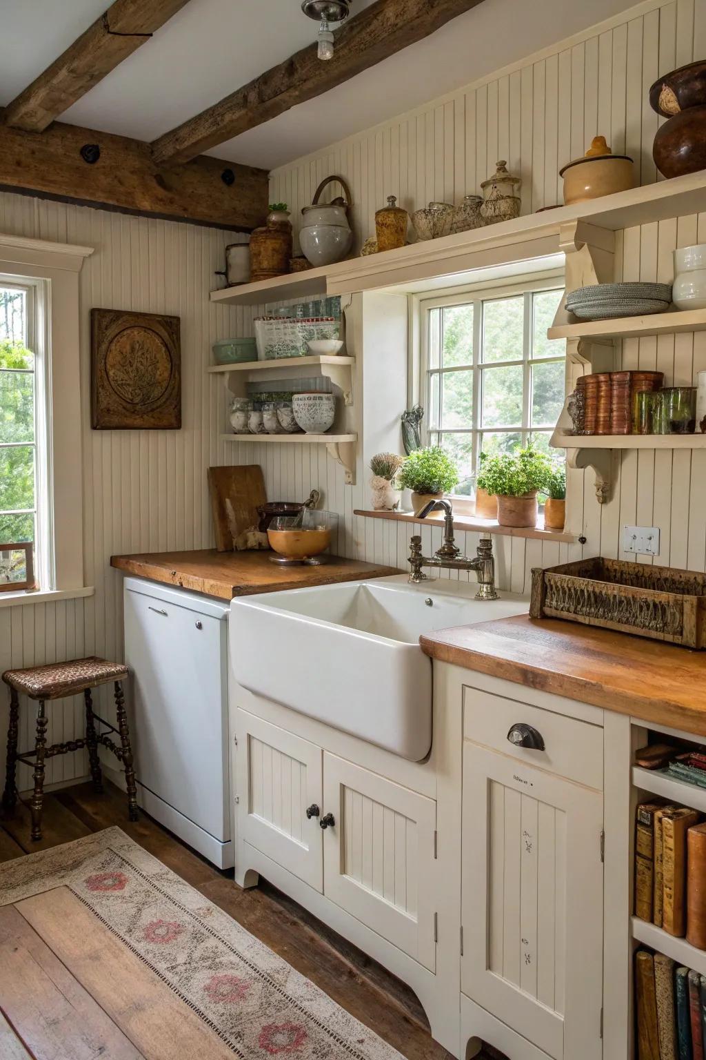 Paneling imparts cottage allure to culinary spaces.