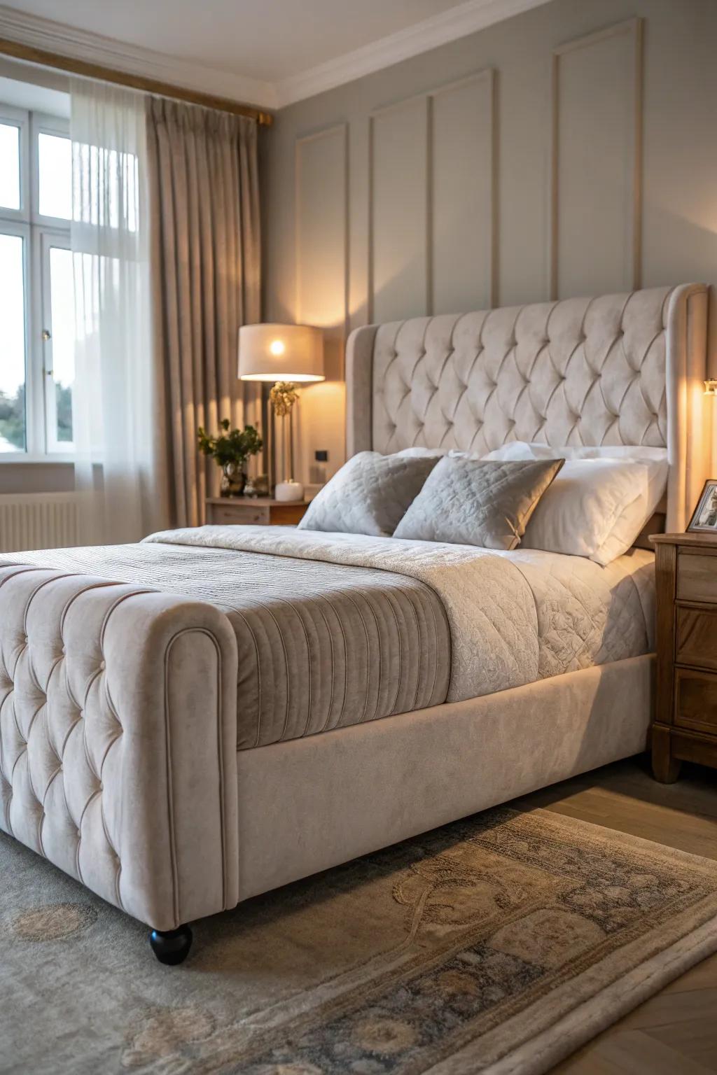 An upholstered bed base adds comfort and elegance to the bedroom.