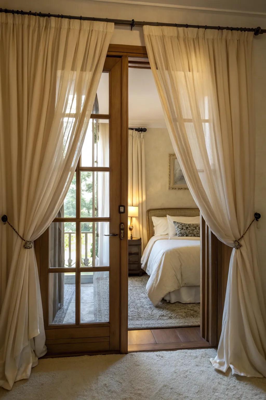 Drape partitions add elegance and a soft touch to your bedroom entrance.