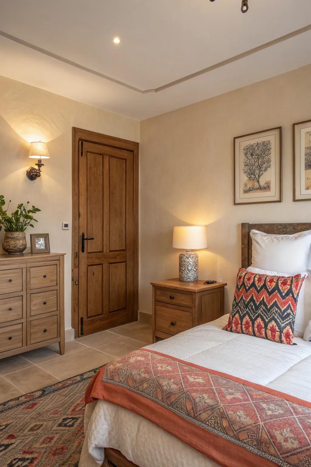 A dash of color adds energy and interest to a neutral bedroom.