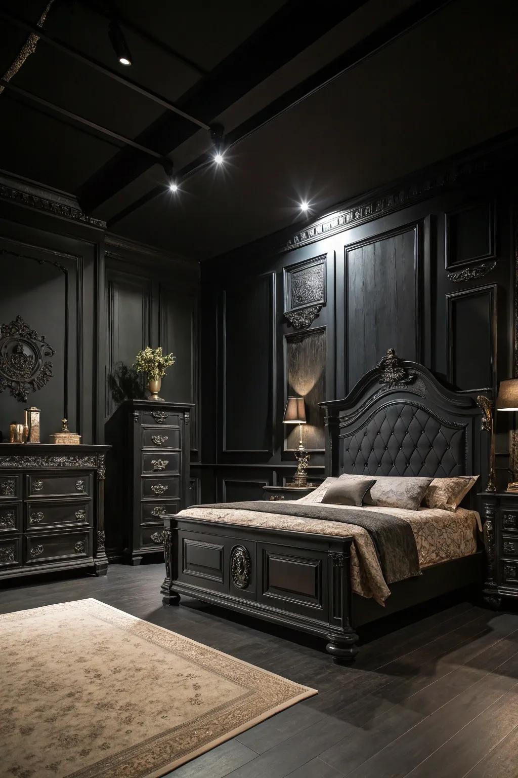 Dark walls enhance the drama and intimacy in a room with ebony furniture.