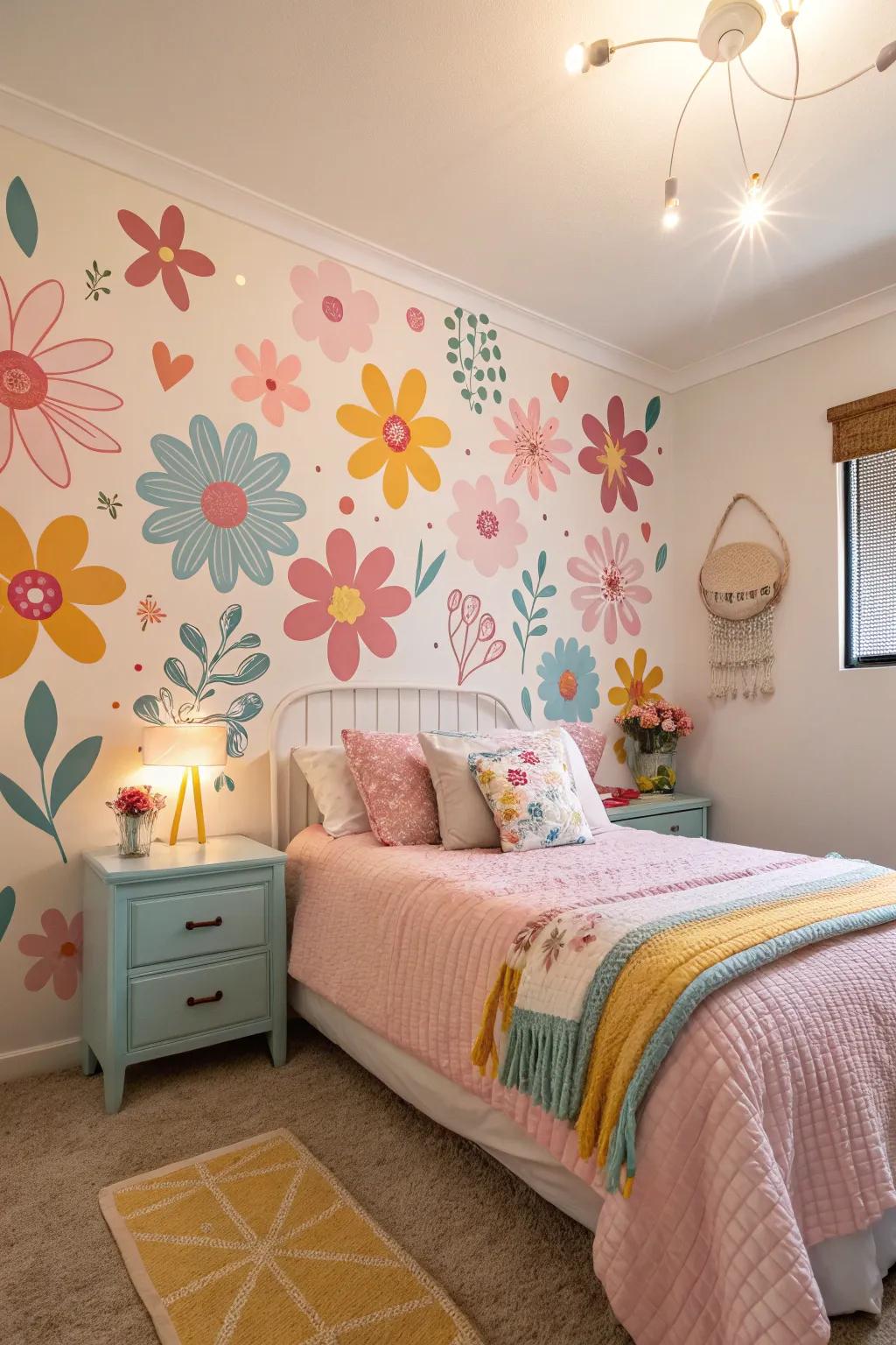 A bedroom brightened by playful botanical wall stickers.