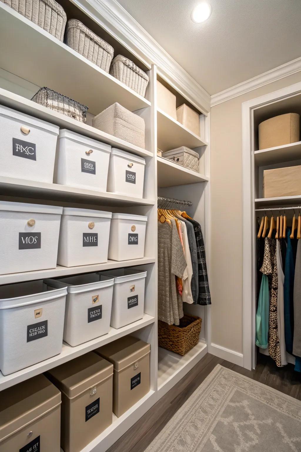 Streamline organization with clearly labeled storage solutions.