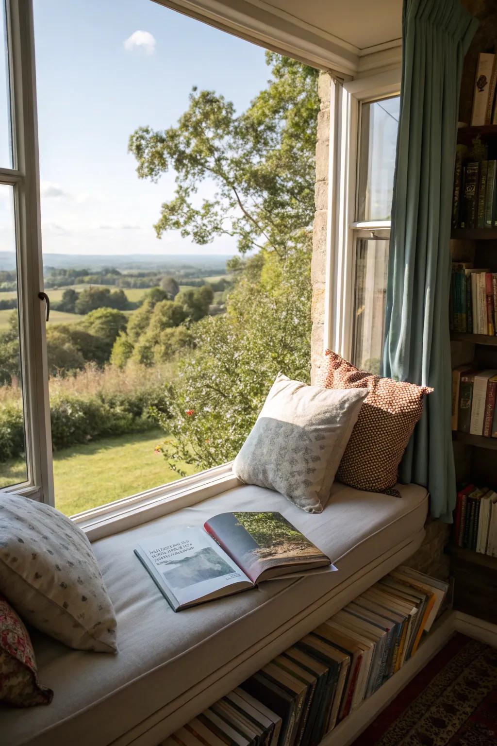 A window seat with cushions makes for a impeccable reading nook.
