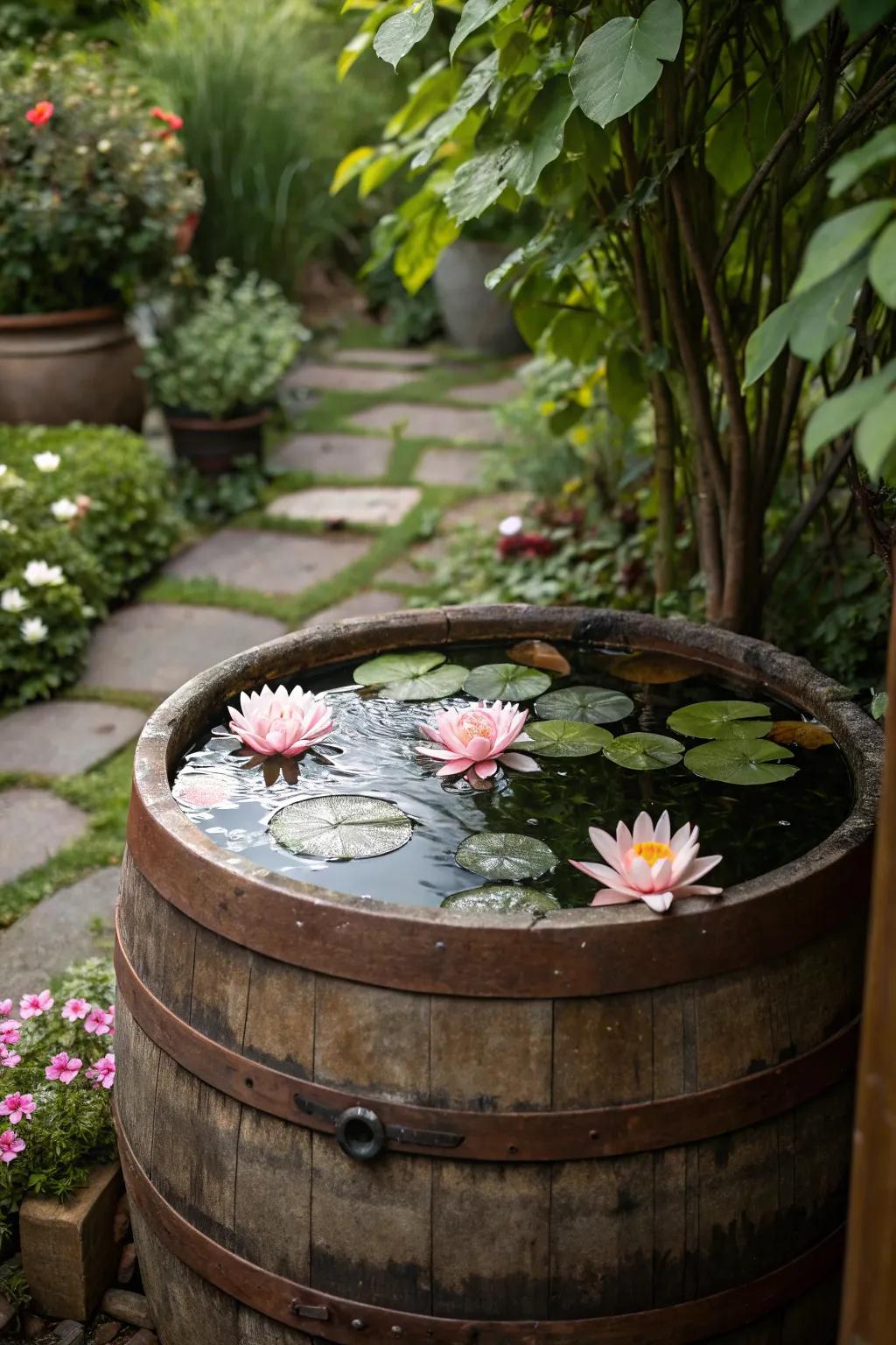 A peaceful oak barrel water garden with serene pond lilies.