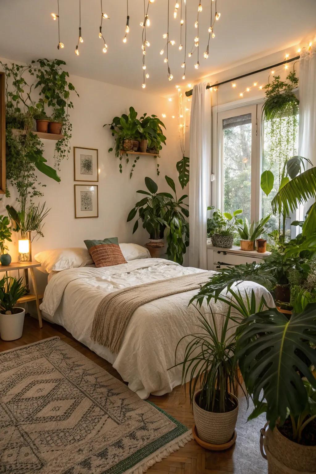A spacious bedroom enhanced with abundant botanical elements for a natural touch.