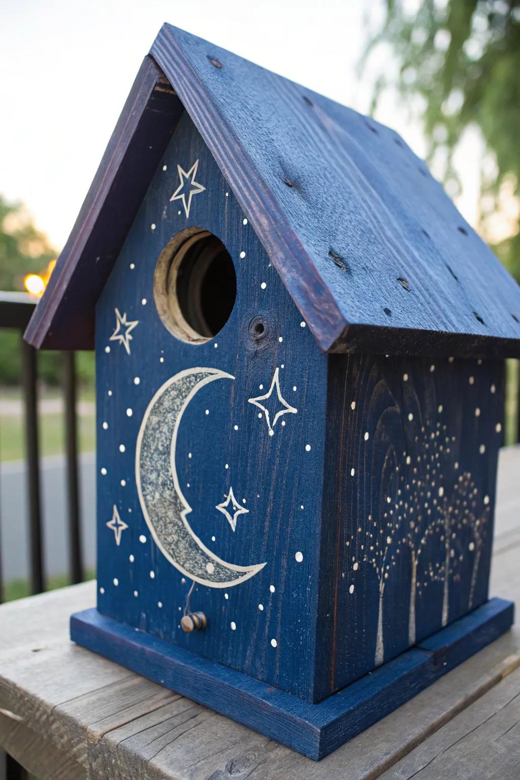 Transport the allure of a starlit evening to your outdoor space through this beautifully painted bird sanctuary.