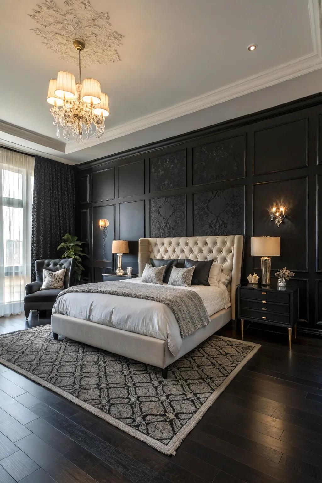 Shaded flooring enhances the drama of a black statement wall in this bedroom.