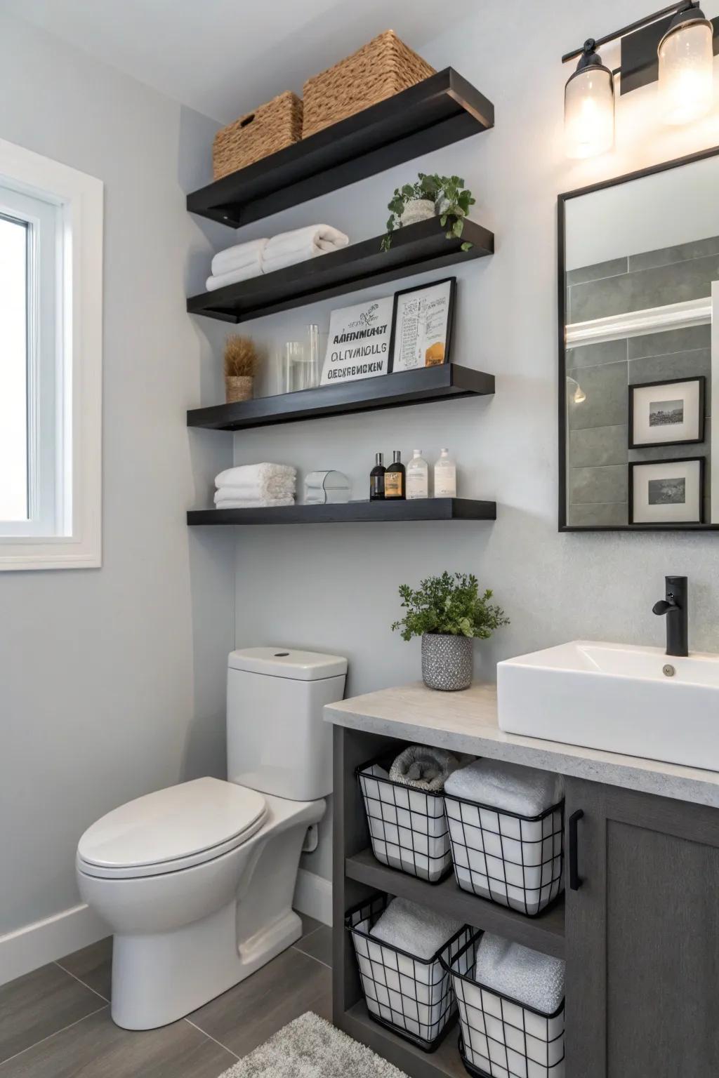 A bathroom showcasing drifting shelves that combine style with practicality.