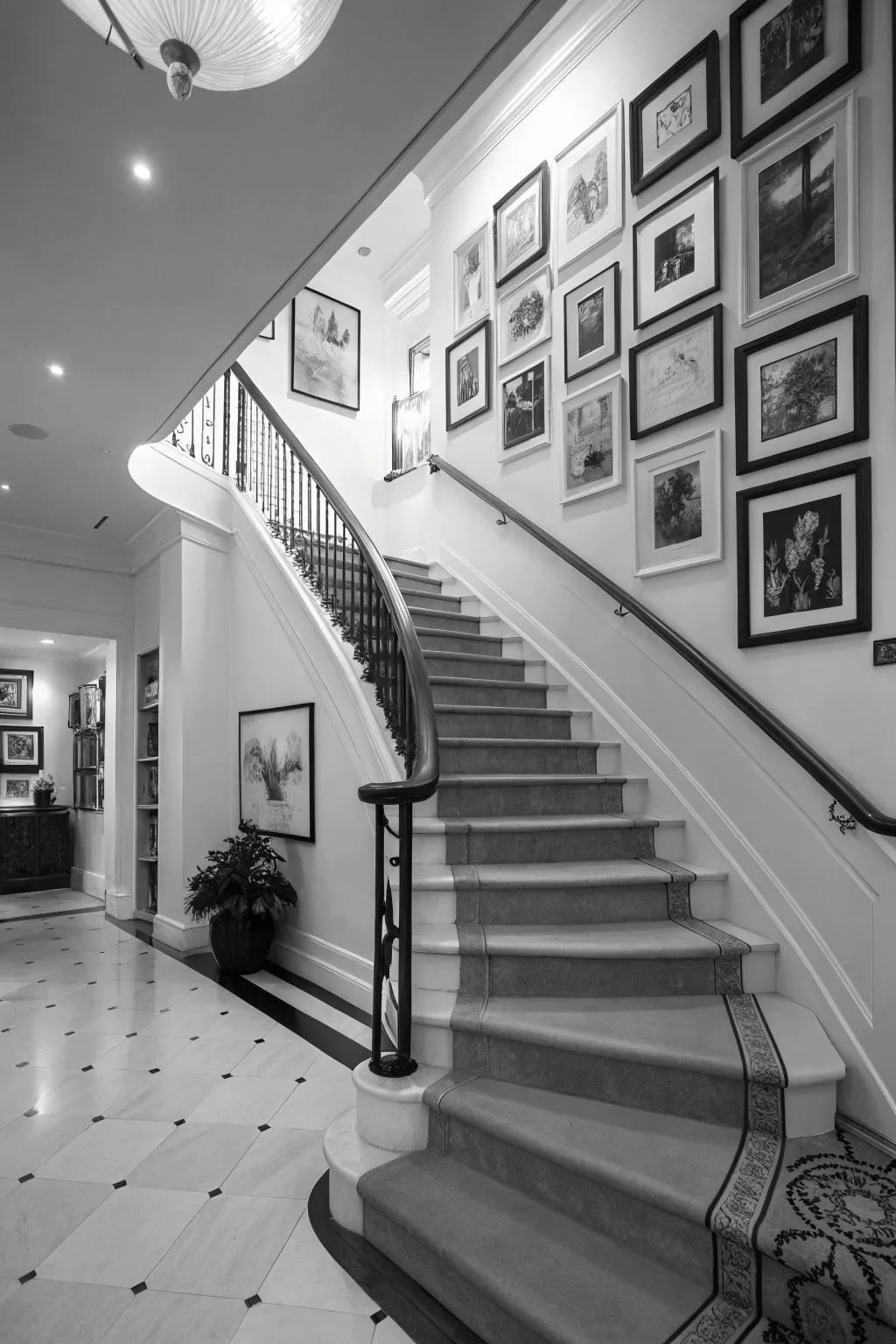 A black and white staircase serves as the perfect backdrop for an art gallery wall.