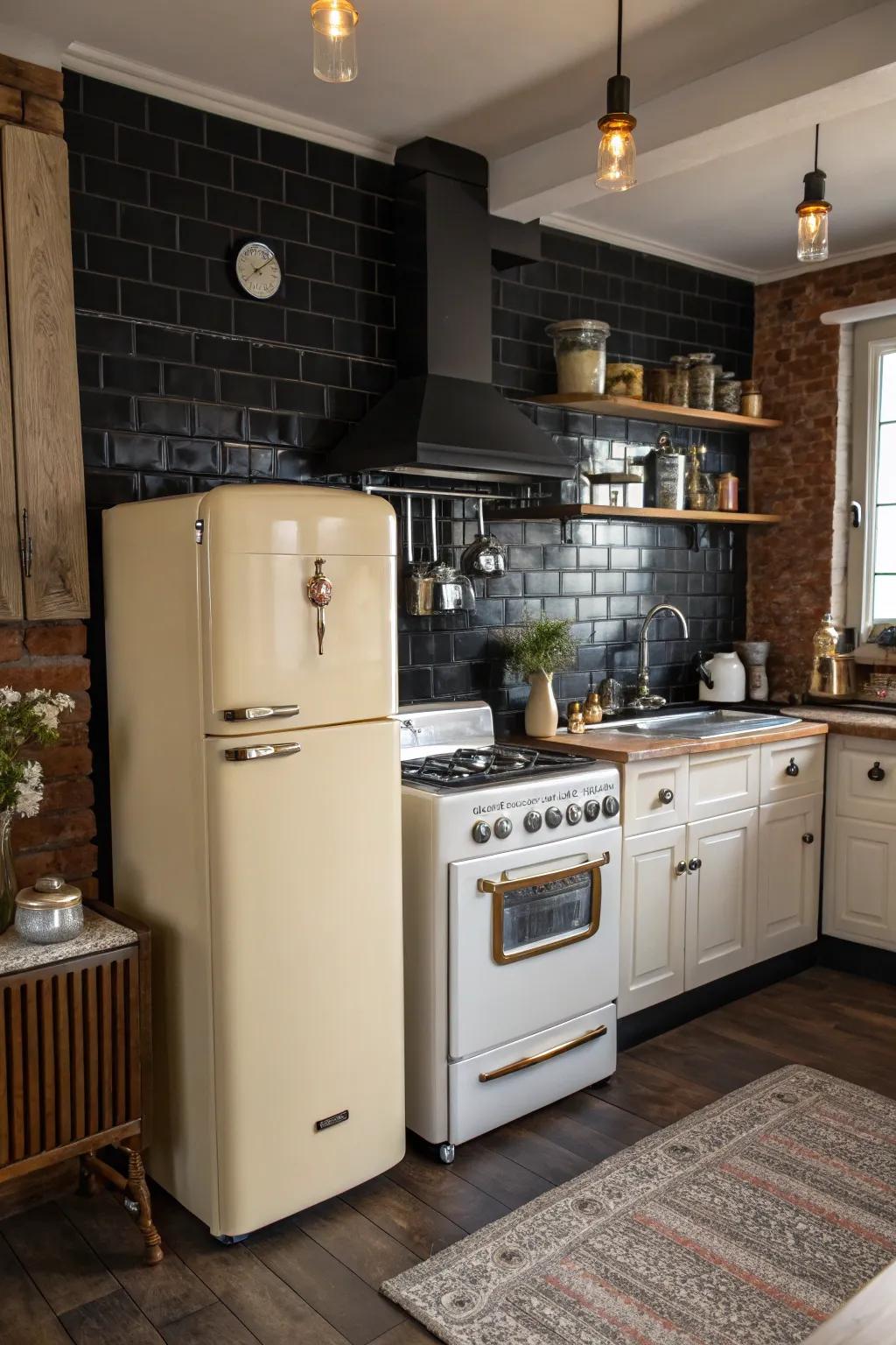 A vintage-inspired kitchen where an ebony backsplash adds a modern twist.