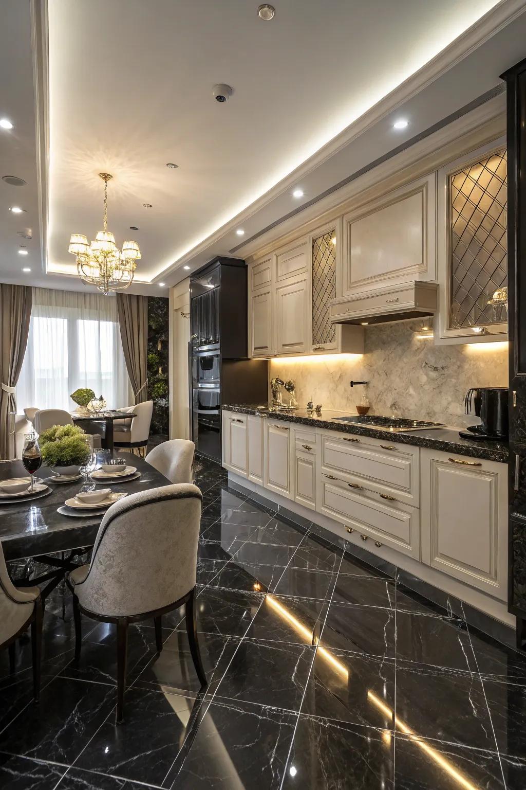 A cooking area exuding opulence with ebony marble floor components.