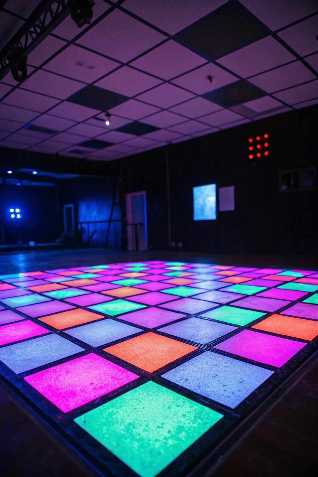 Fluorescent floor tiles add a dynamic element to the space.