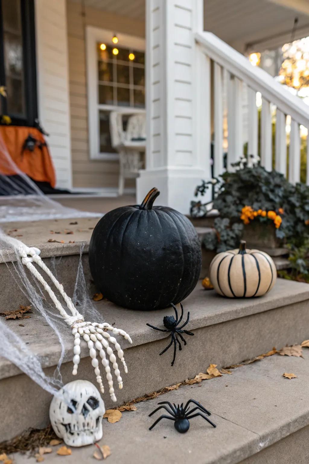 A dark-colored pumpkin with skeletal digits and arachnids, fashioning a spooky entrance.