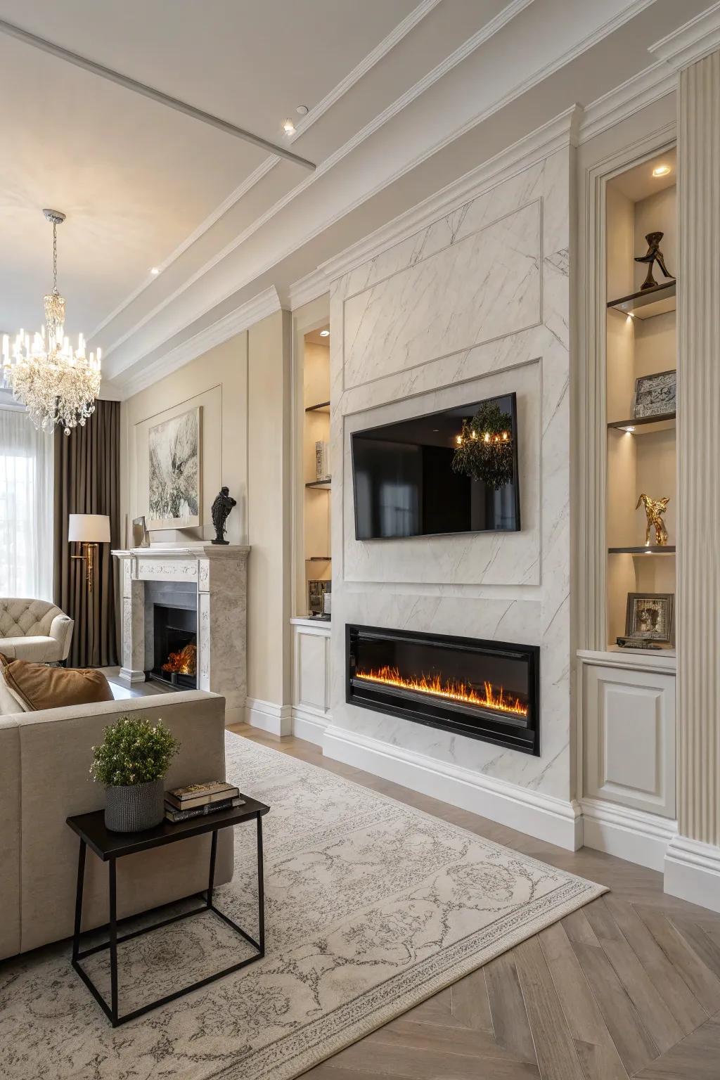 Warm up your setting using a wall-affixed fireplace.