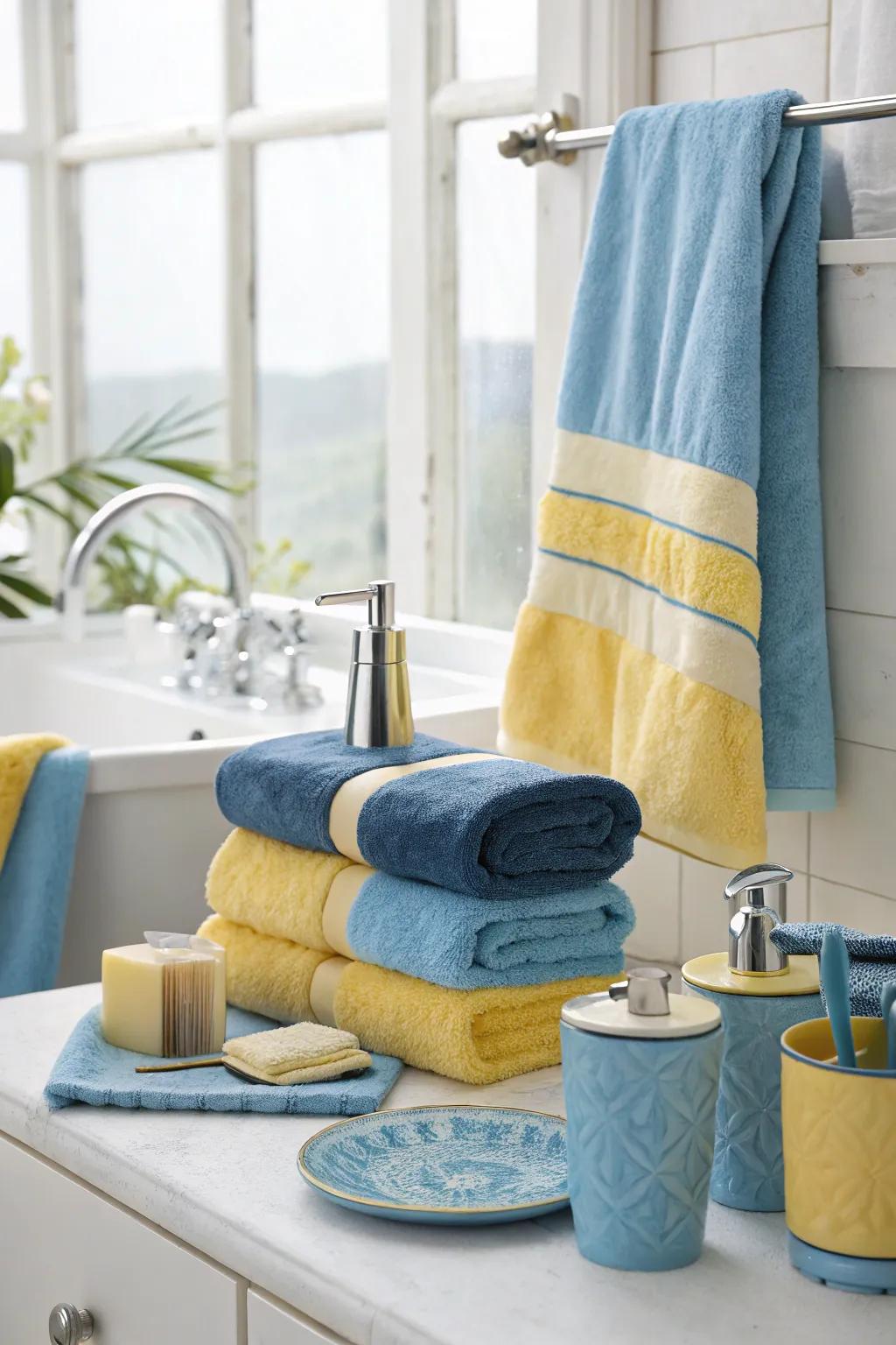 A bathroom enhanced with azure and gold linens for a spa-like ambiance.