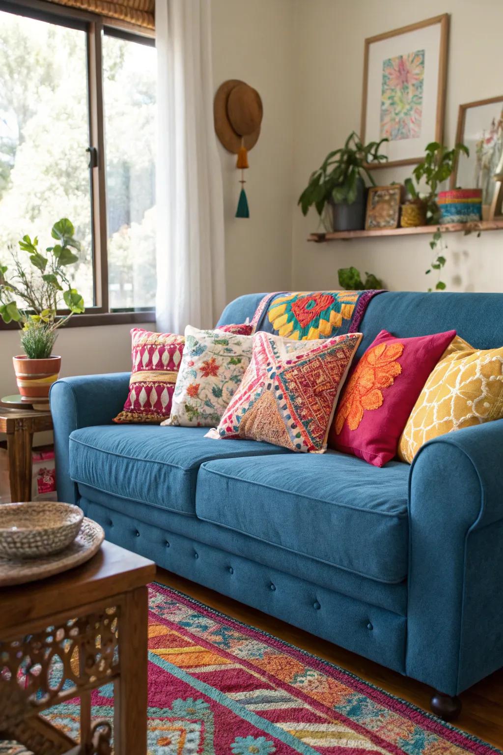 Vibrant highlights make the cerulean settee burst with energy.