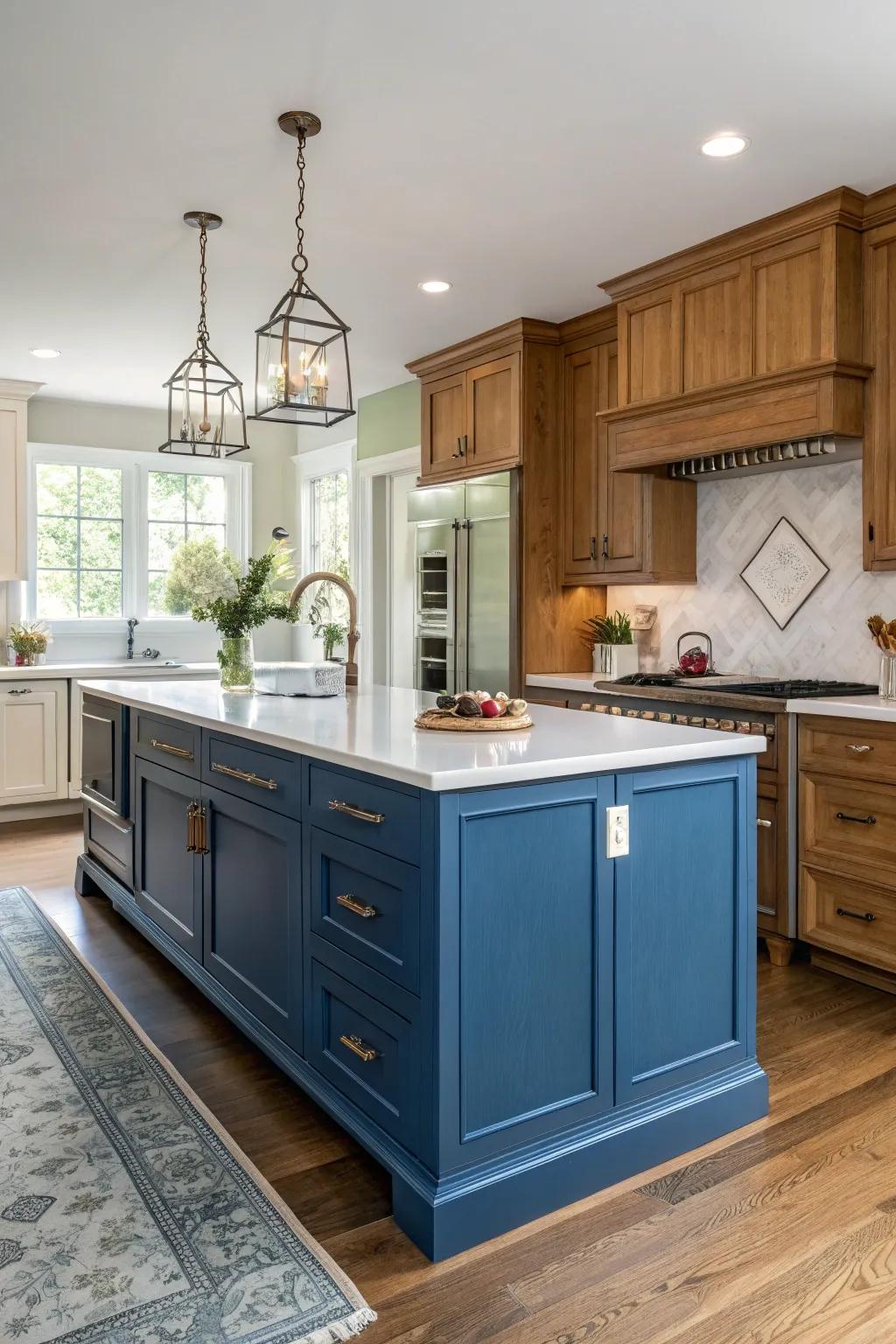 A cerulean island bridges traditional and modern kitchen styles.