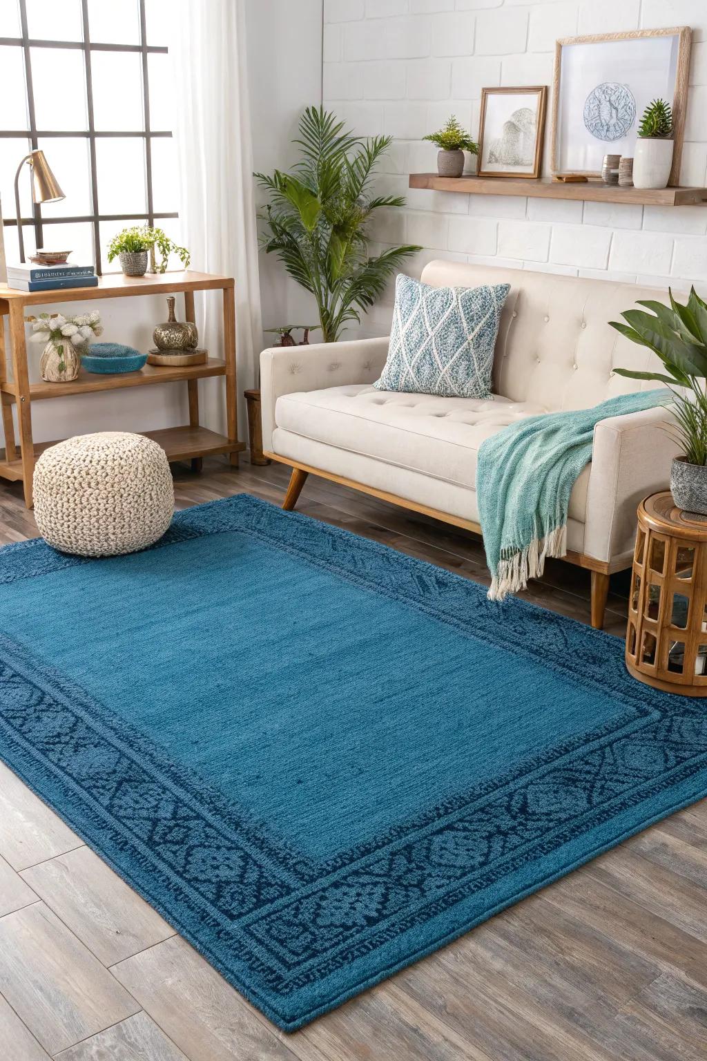 Indigo rugs add color and help define area spaces.