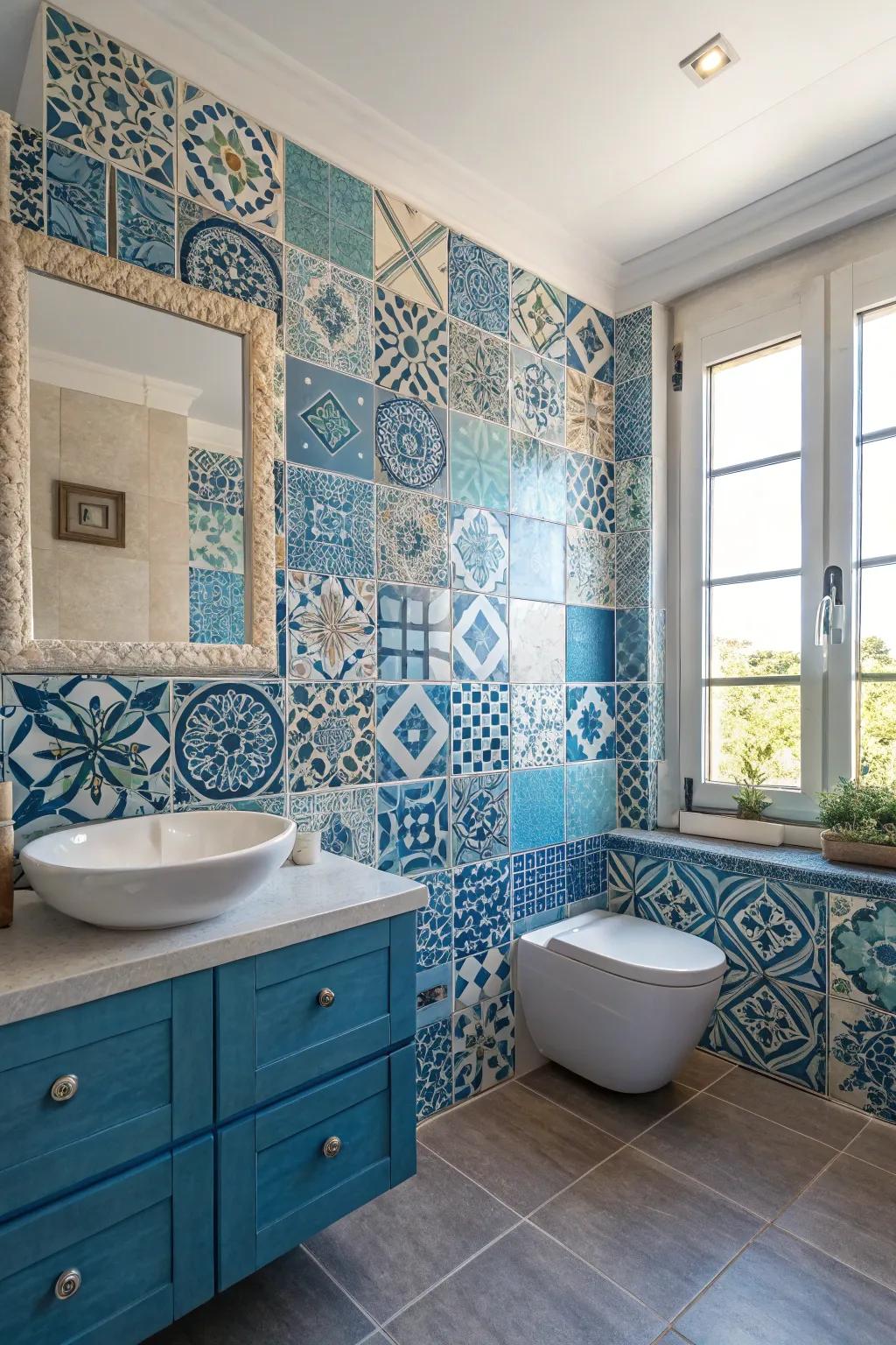 An eclectic compilation of azure units produces a distinctive and customized washroom design.