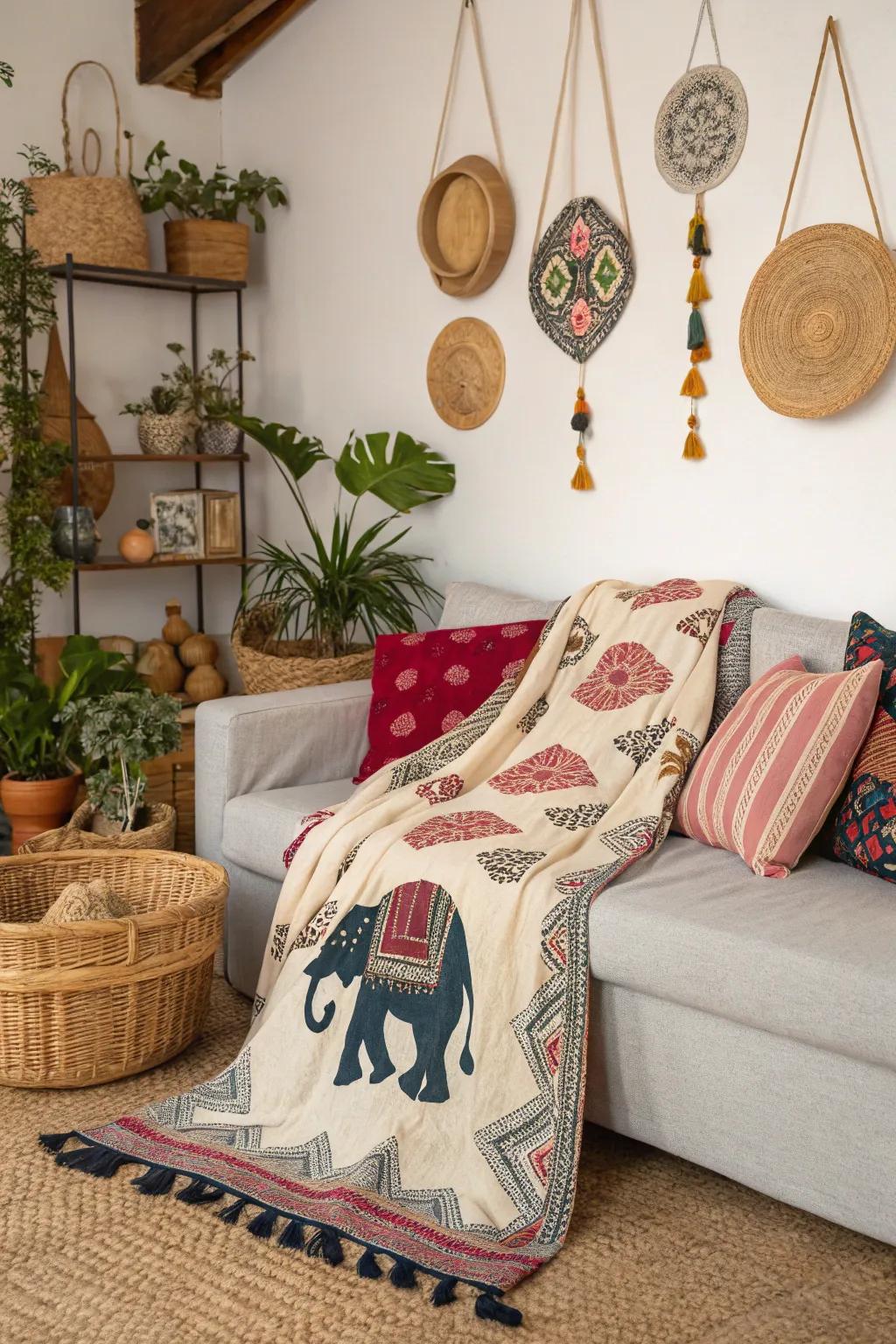 Whimsical creature motifs contribute uniqueness to a bohemian space.