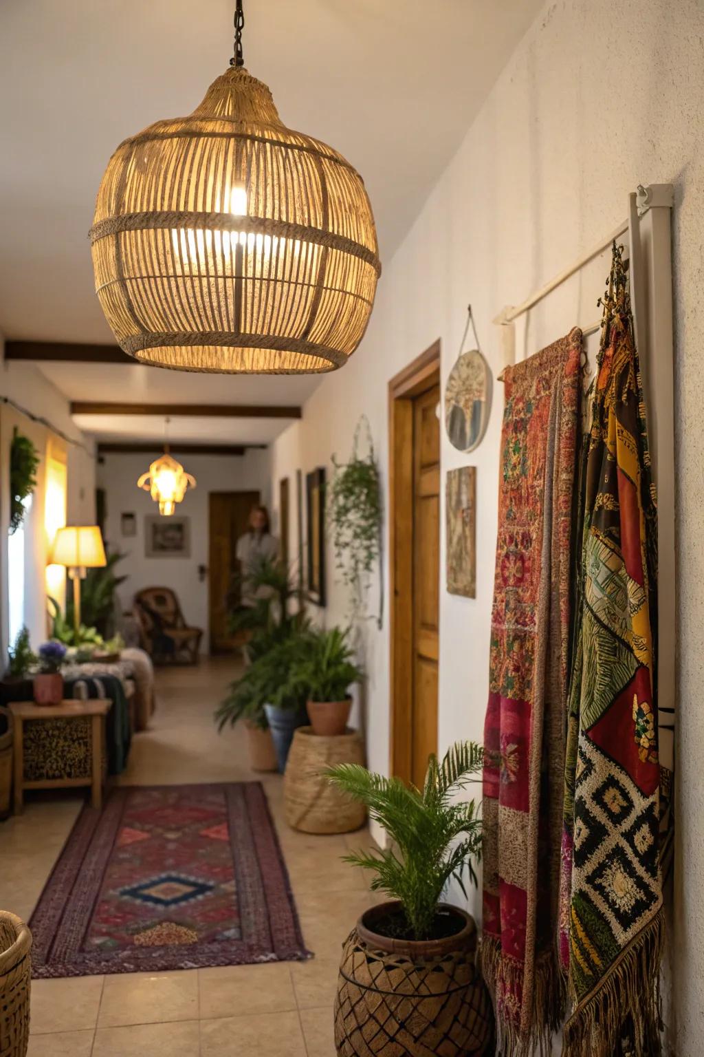 An interwoven basket illumination assembly includes intrigue to this boho entry way.