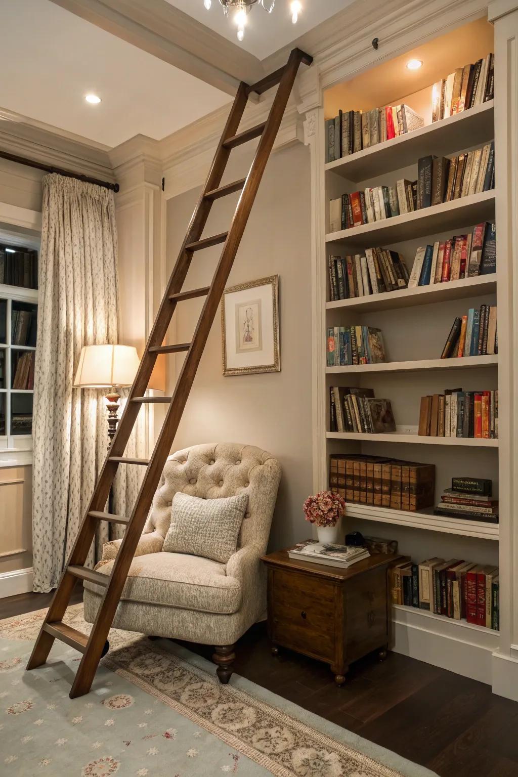 A reading space with a library stairway for a stylish and functional accent.