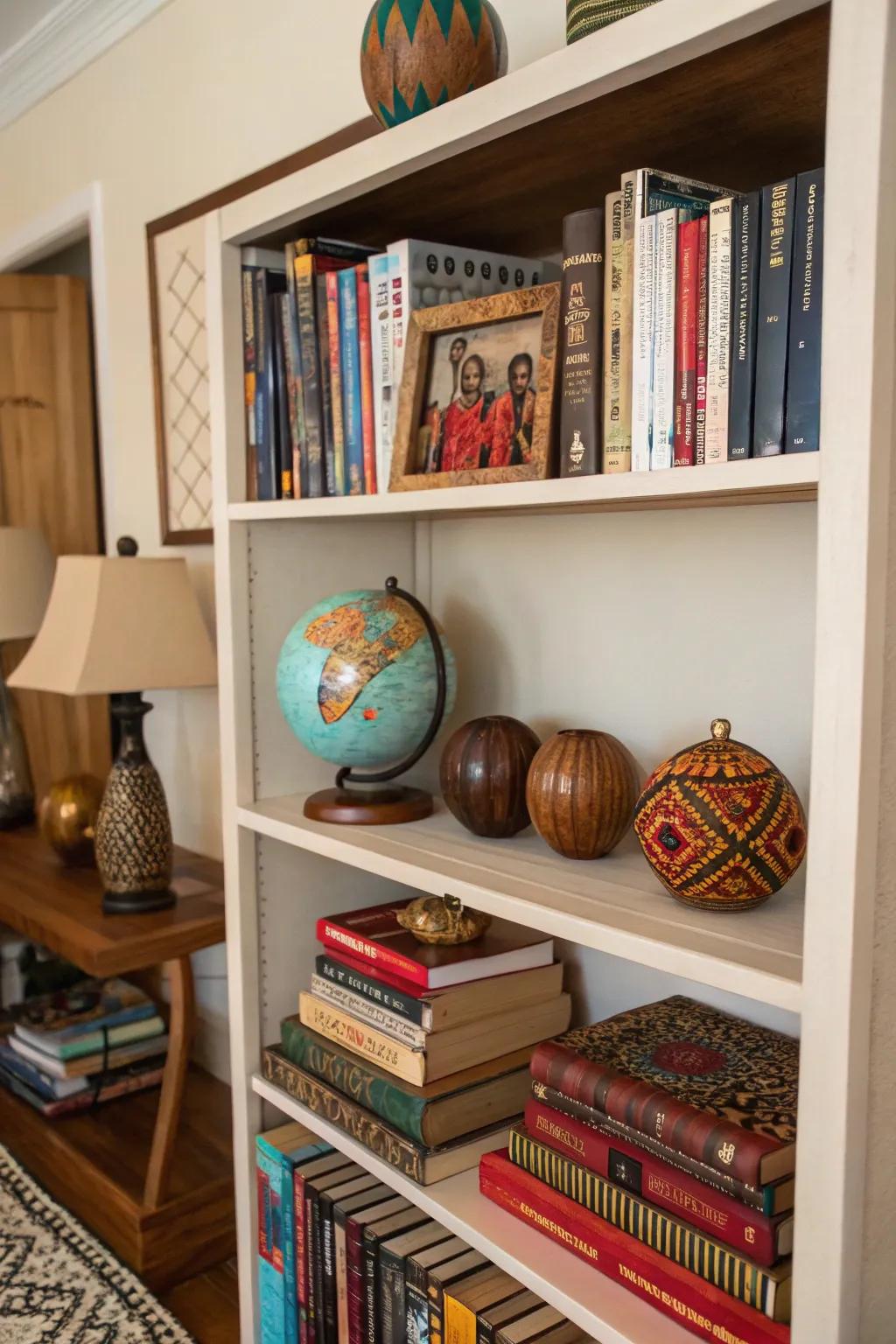 A bookshelf that recounts narratives of peregrinations and showcases global treasures.