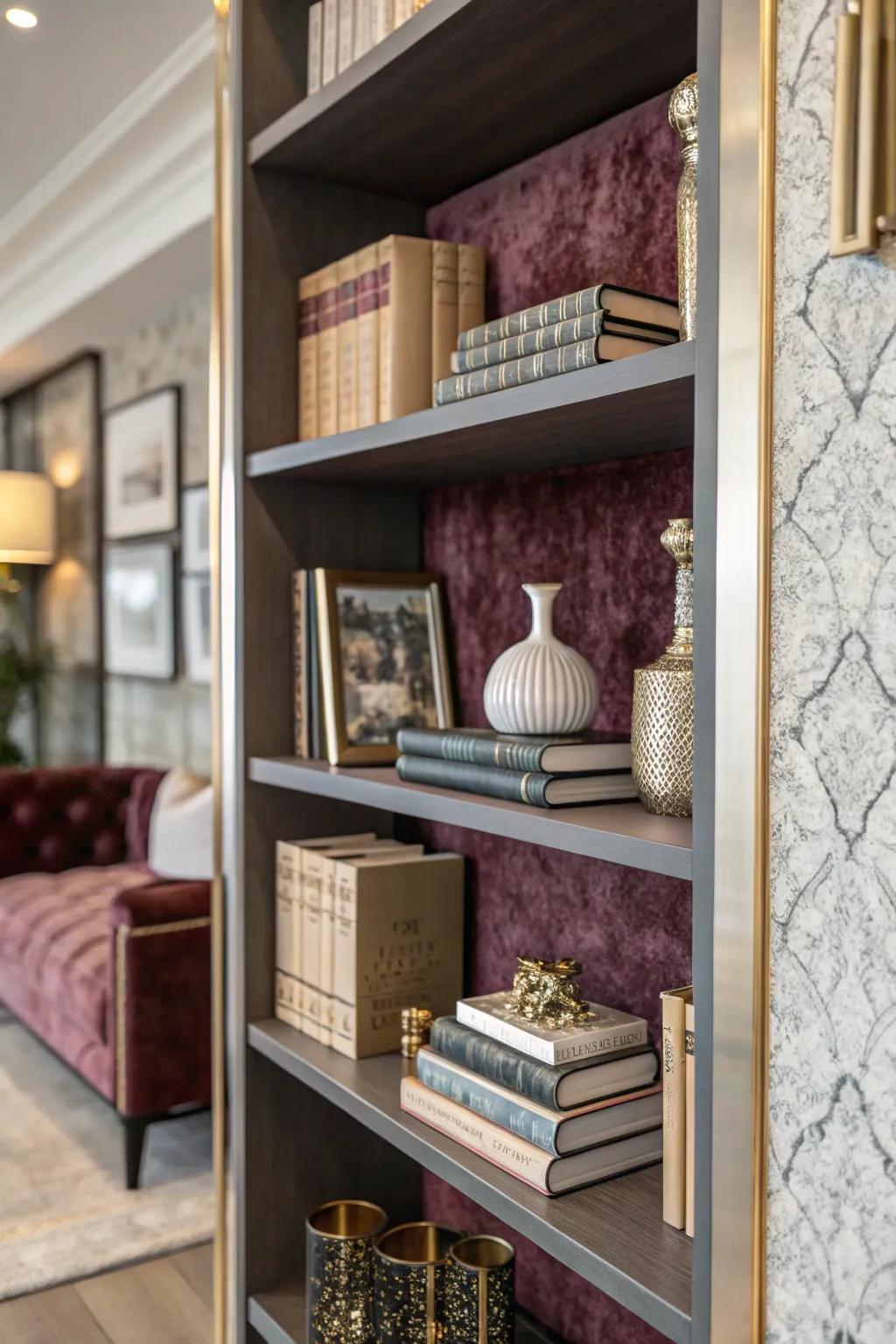 A bookshelf featuring velvet-look wallpaper, radiating a luxurious vibe.