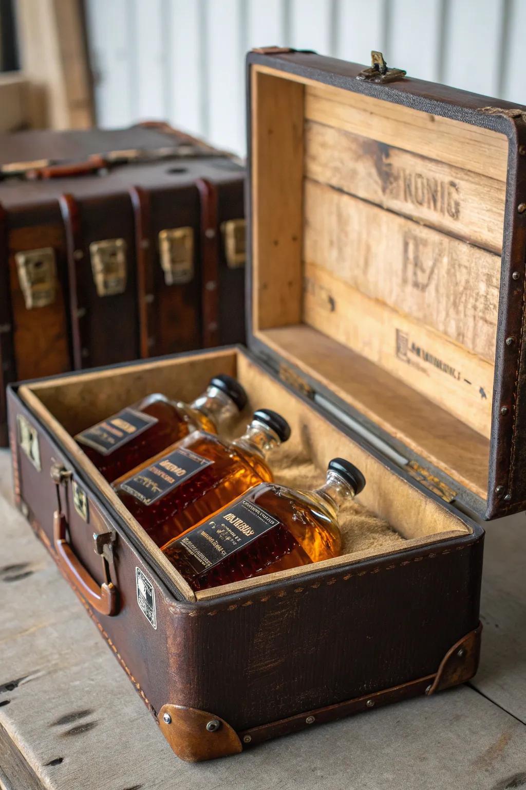 A vintage travel case introduces an unconventional element to your nectar showcase.
