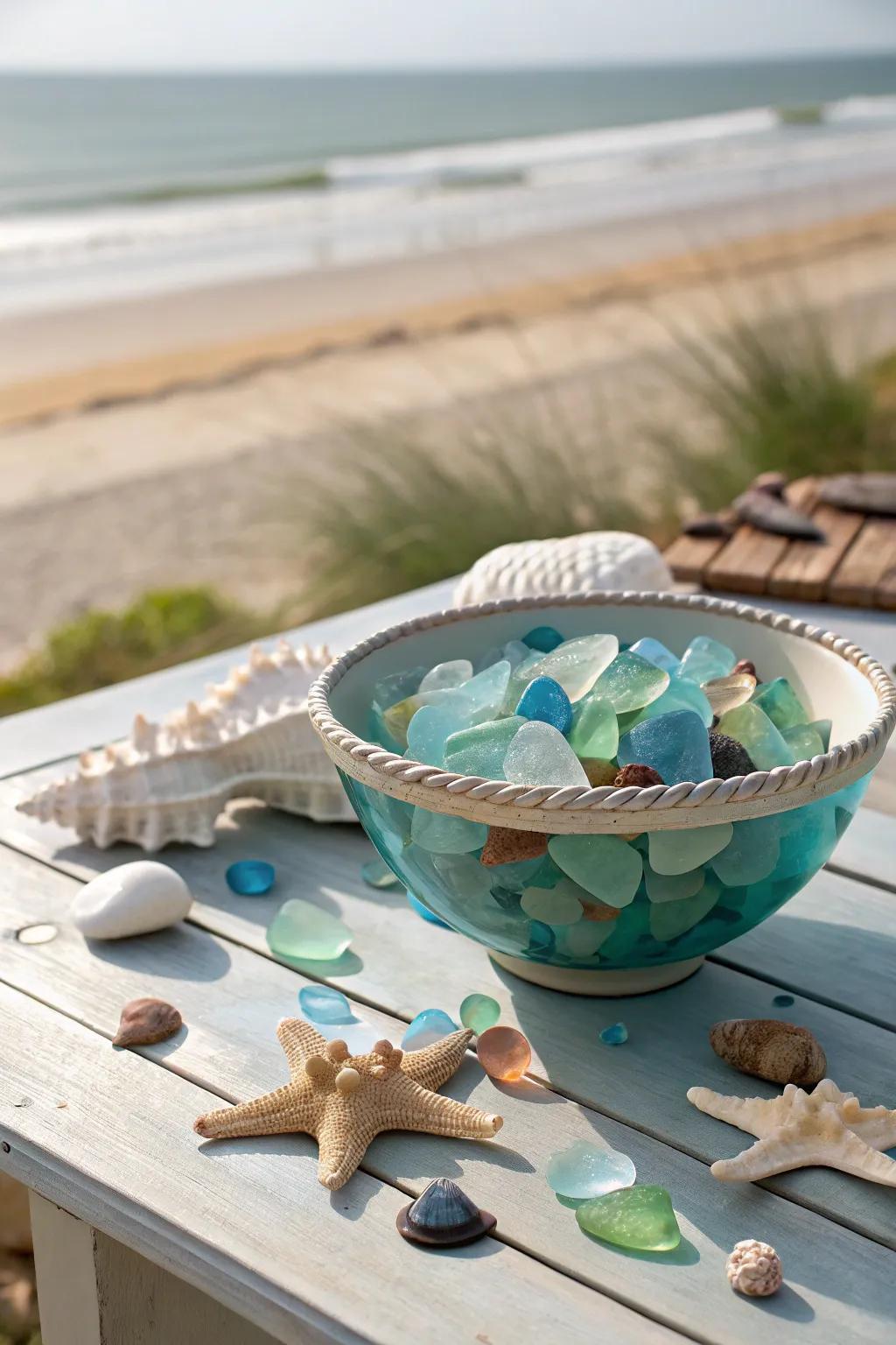 A fancy bowl brimming with lively seaglass pieces