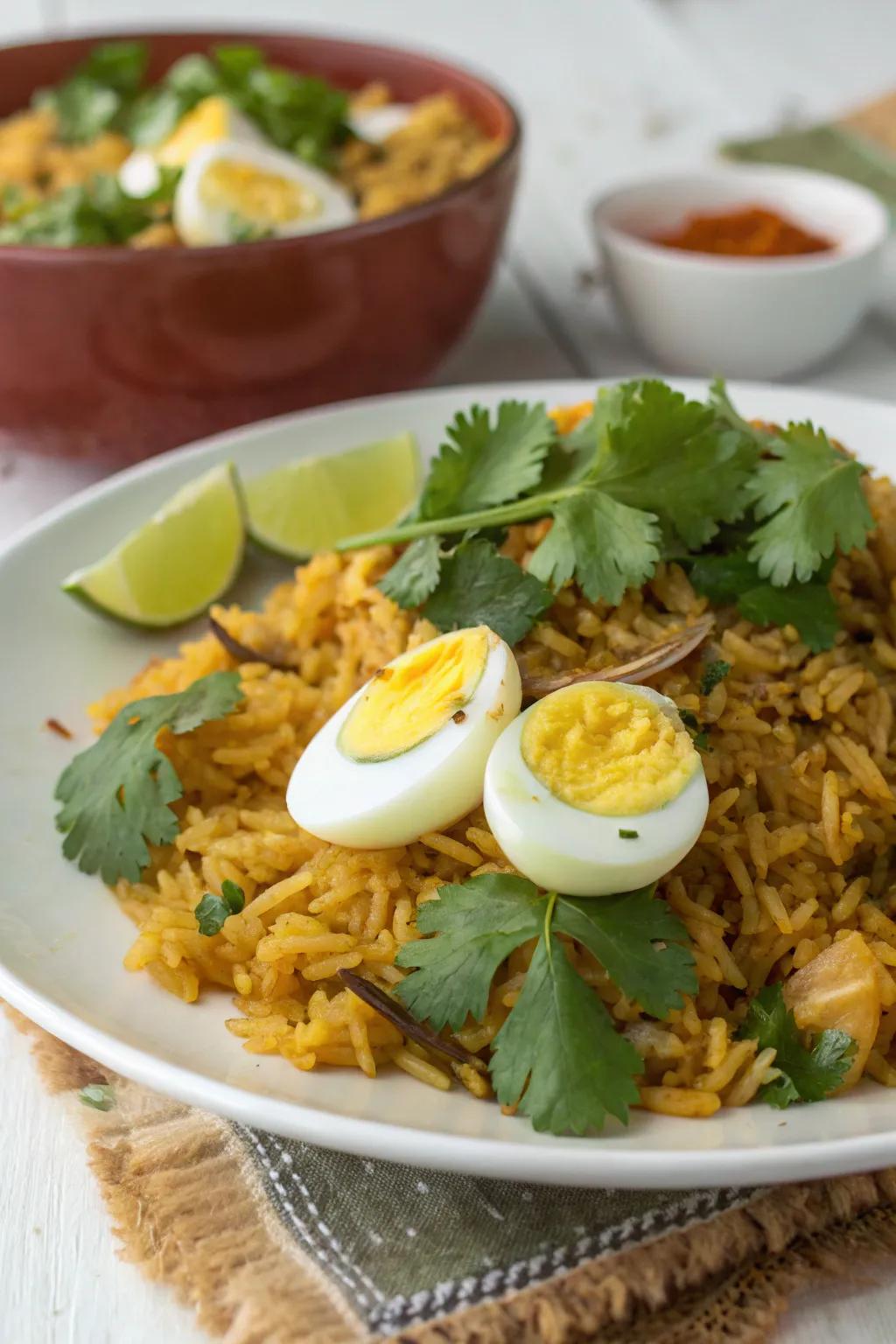 Experience exotic flavors with spiced grain and eggs.
