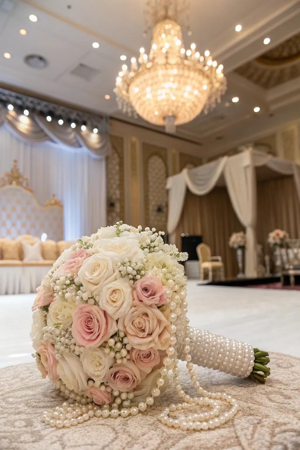 Pearls and beads present a glamorous essence to wedding bouquet ties.