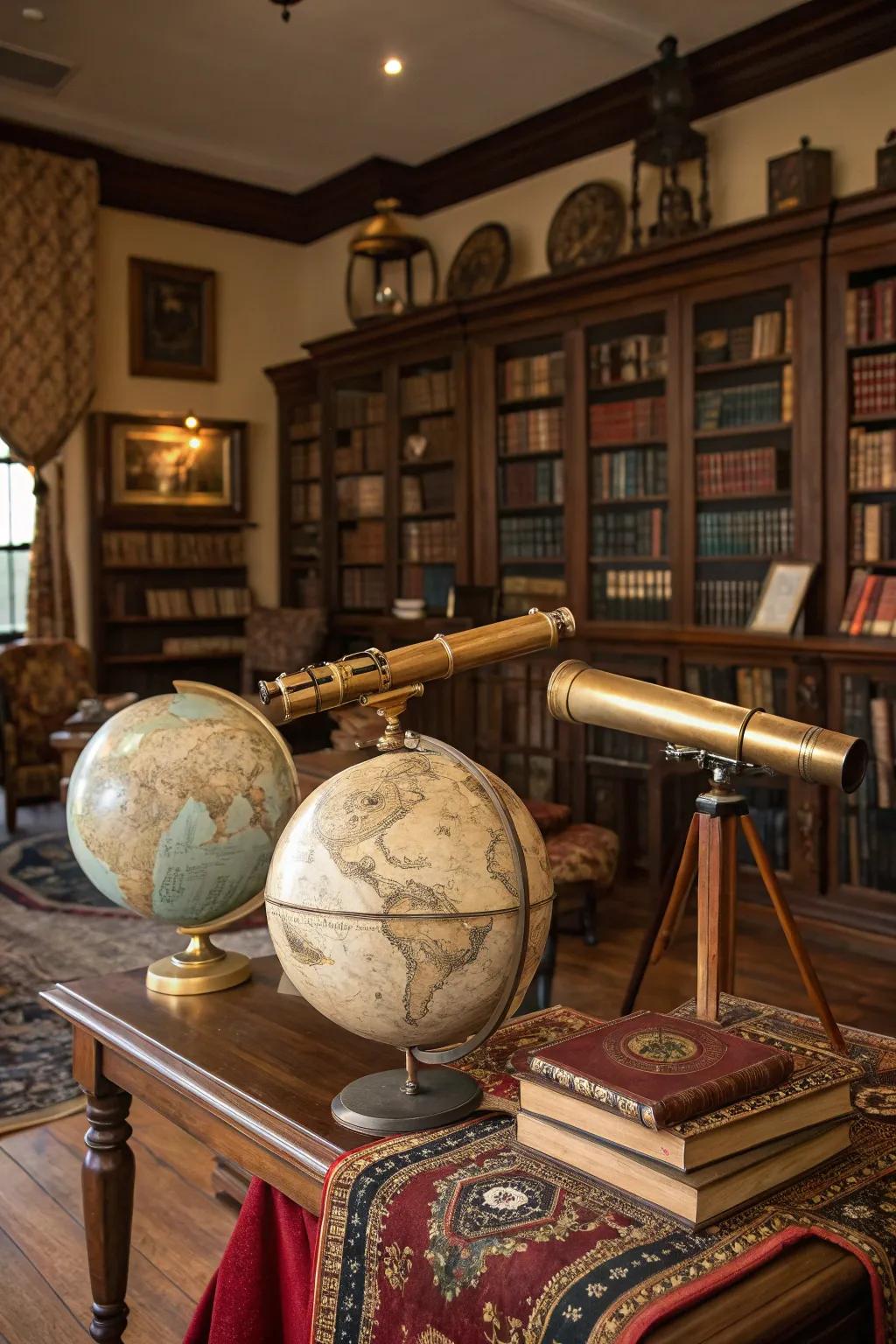 Terrestrial spheres and spyglasses infuse intellectual elegance.