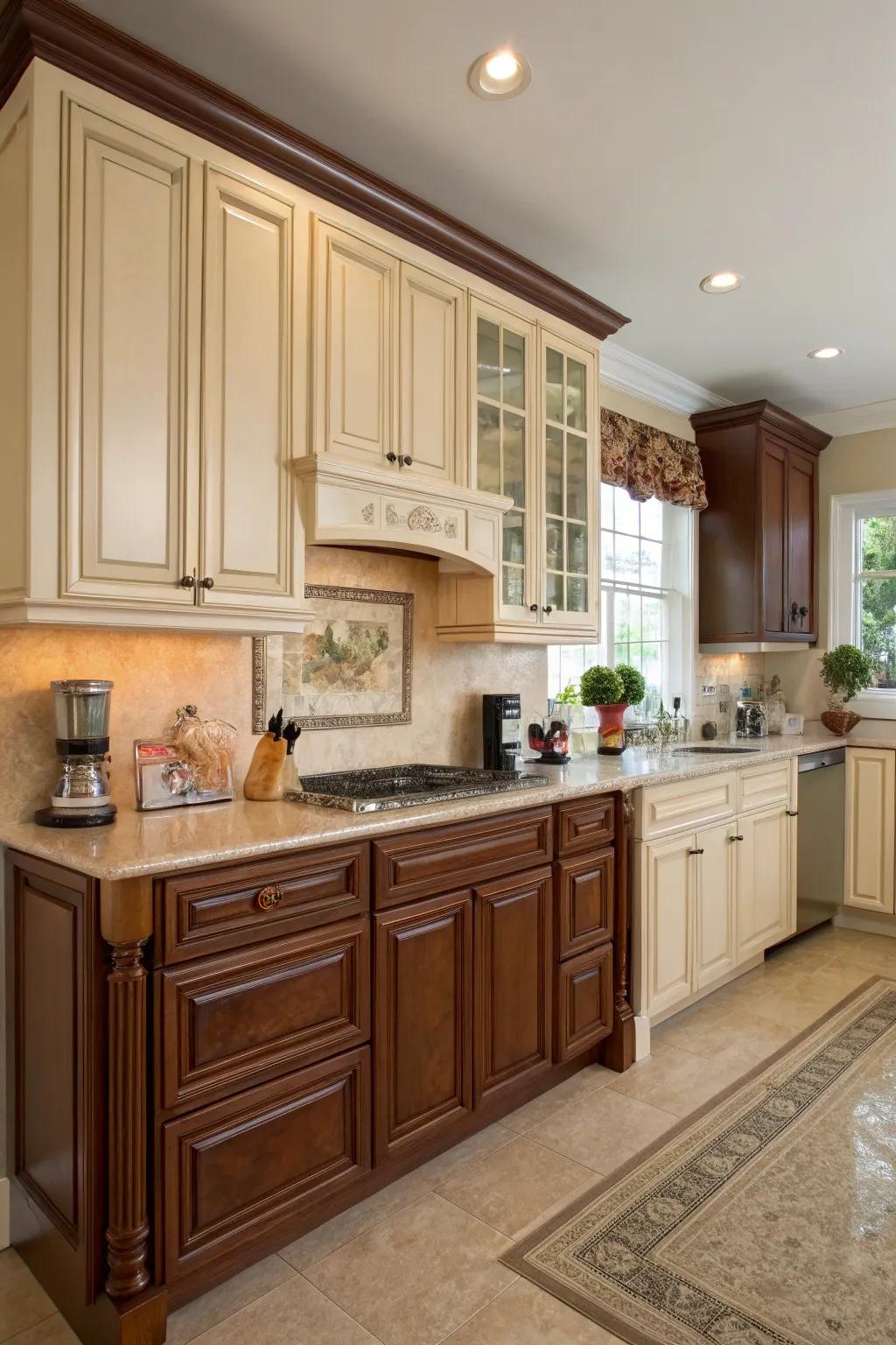 Dual-toned cabinetry introduces visual intrigue and dimension.
