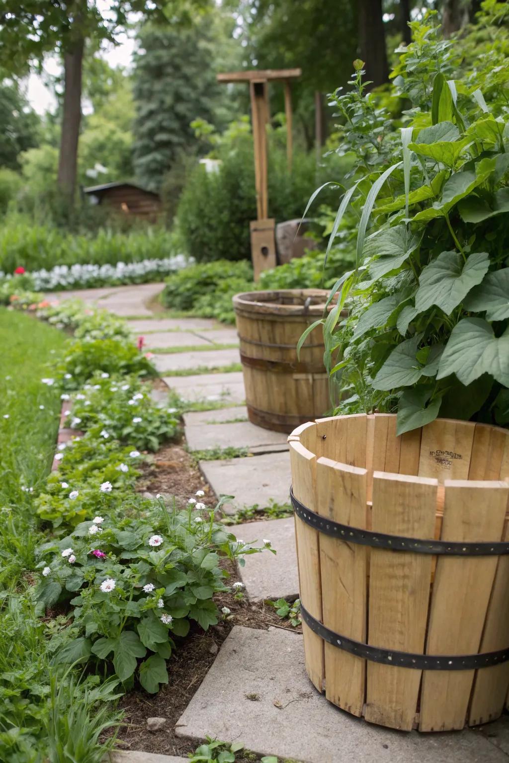 Buckets featuring natural timber panels establishing an earthy garden vibe.