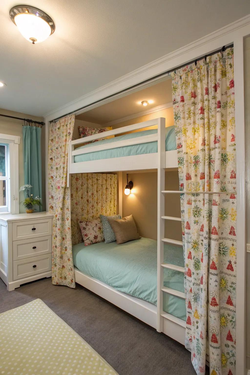 Whimsical curtain dividers add privacy and magic to stacked beds.