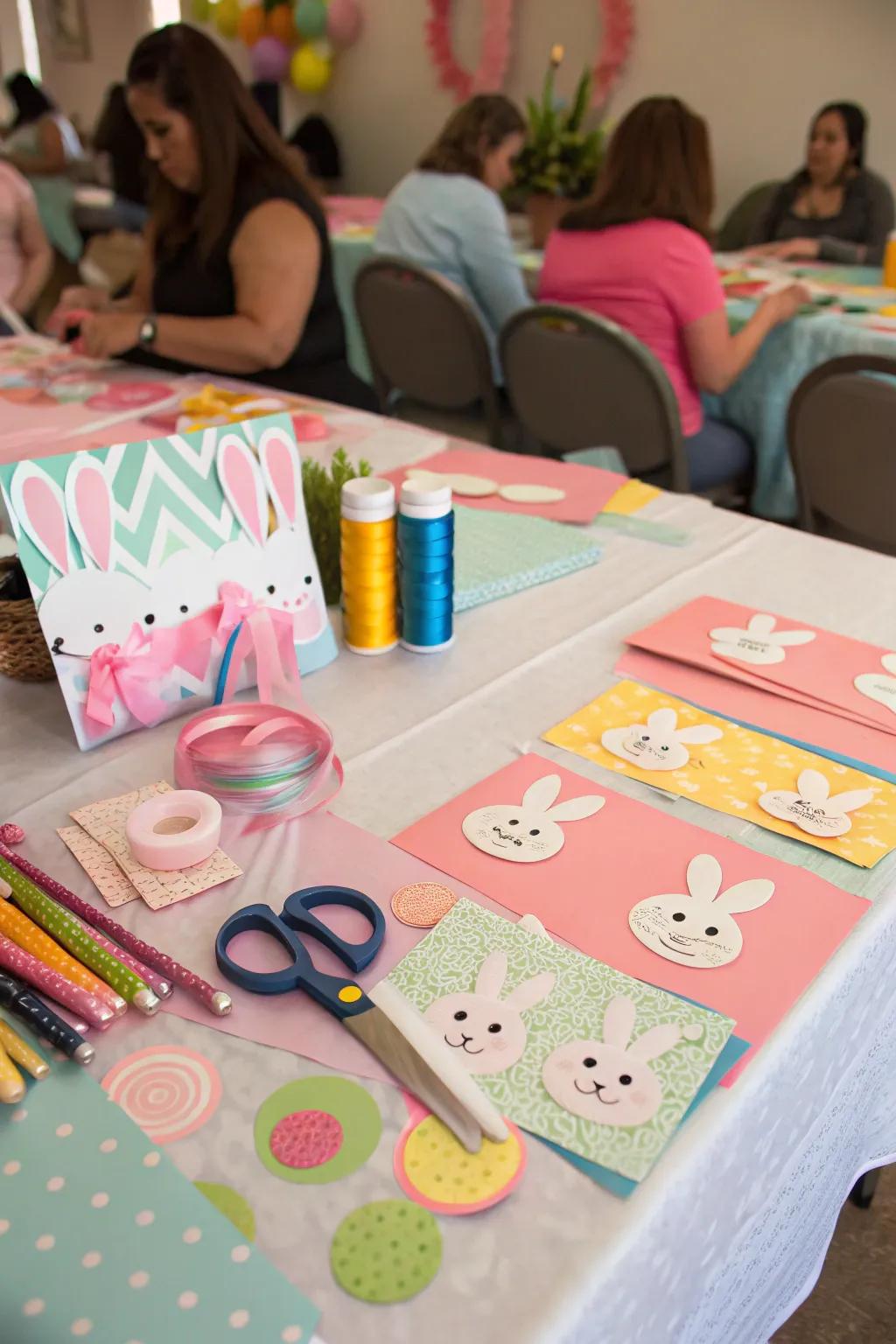 A creative DIY craft station for guests to make rabbit-concept crafts.