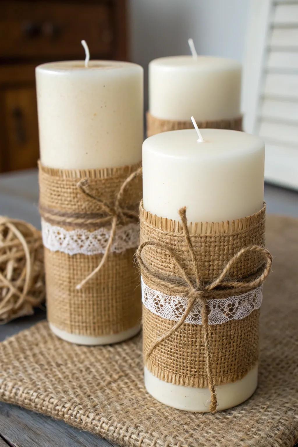 Hessian wraps add a cozy touch to candles.